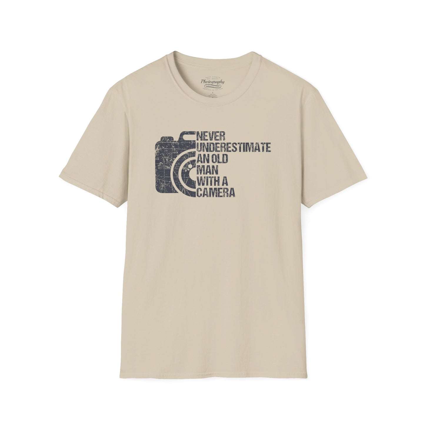 Sand t-shirt with graphic design and text on a white background