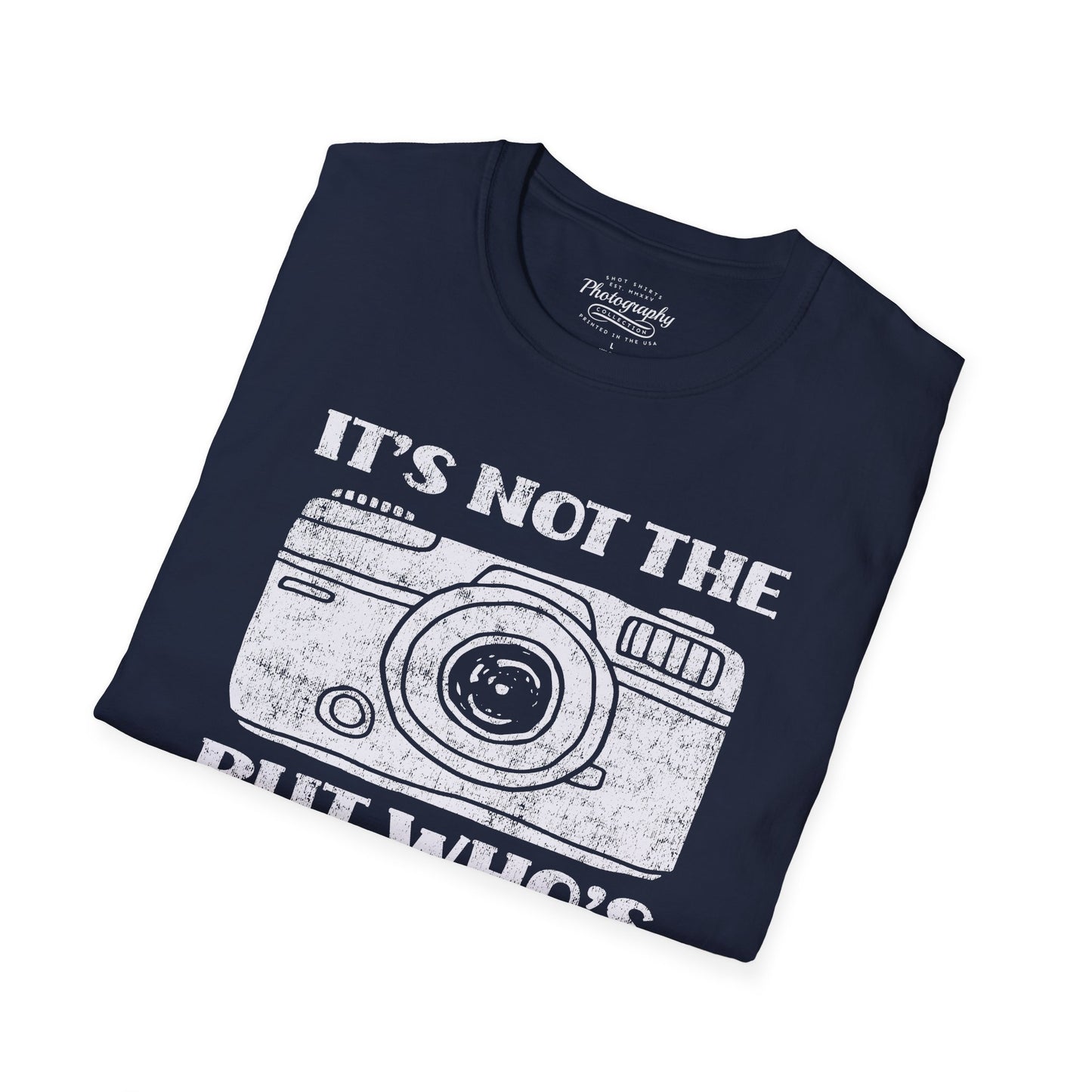 Navy blue t-shirt with white camera graphic and text on a white background