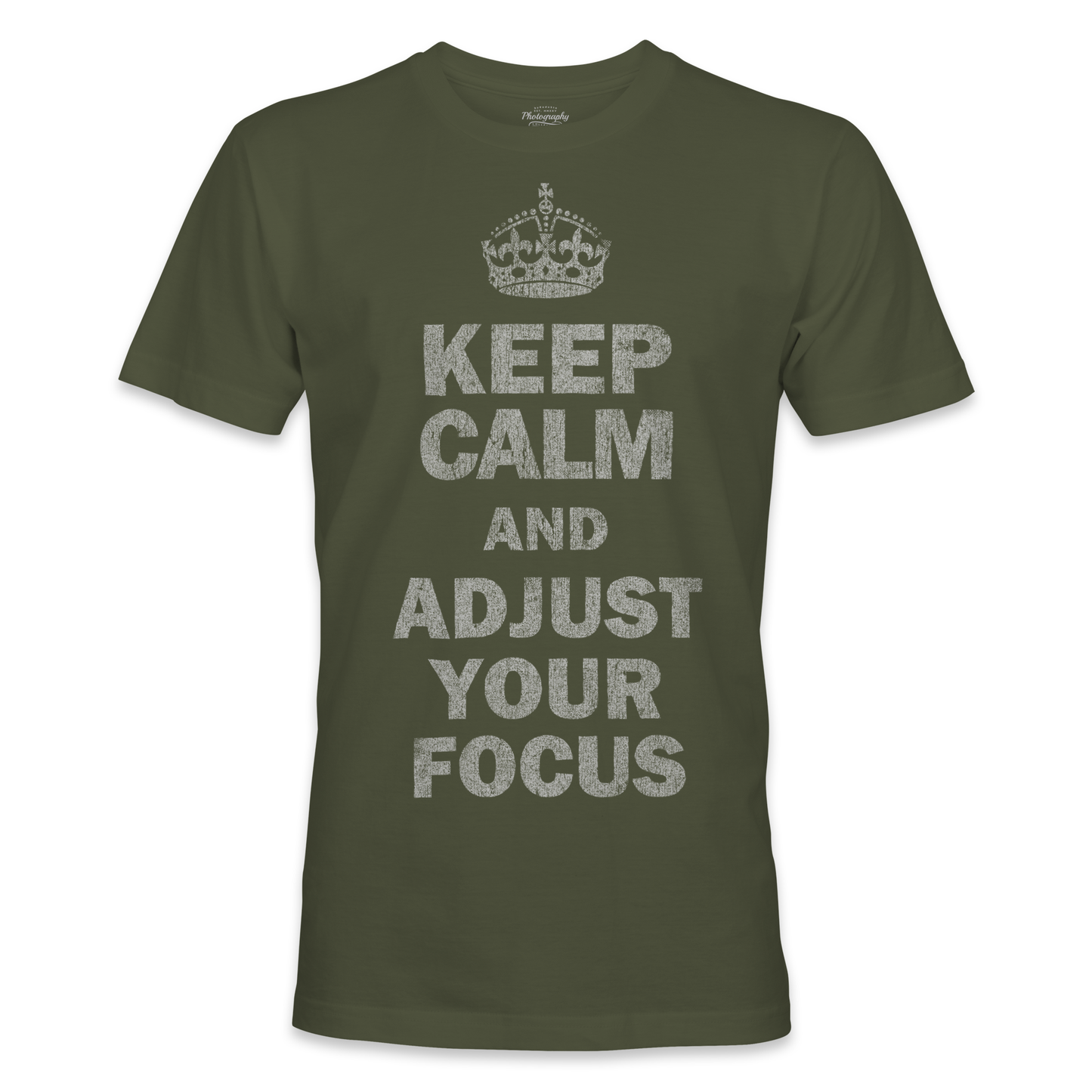 Military Green t-shirt with 'Keep Calm and Adjust Your Focus' text on a white background