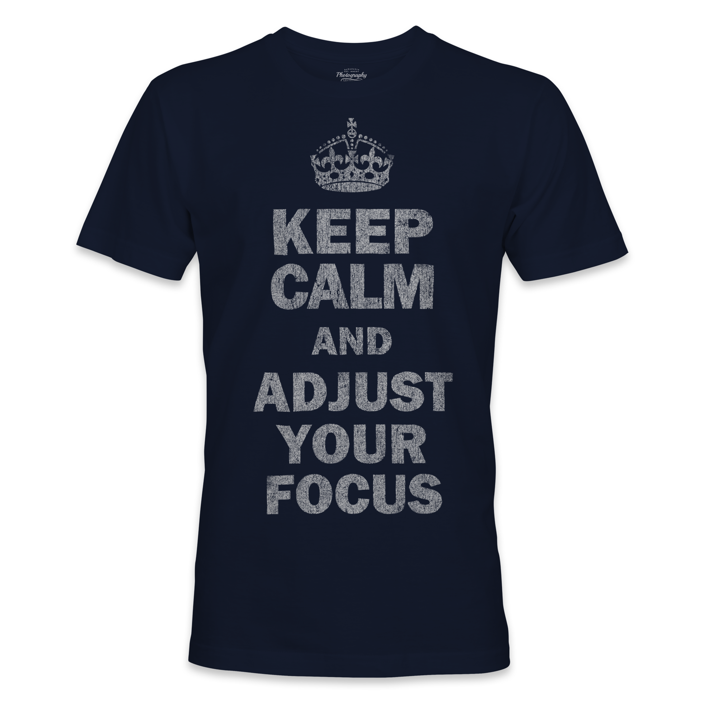Navy blue t-shirt with motivational text and crown graphic on a white background