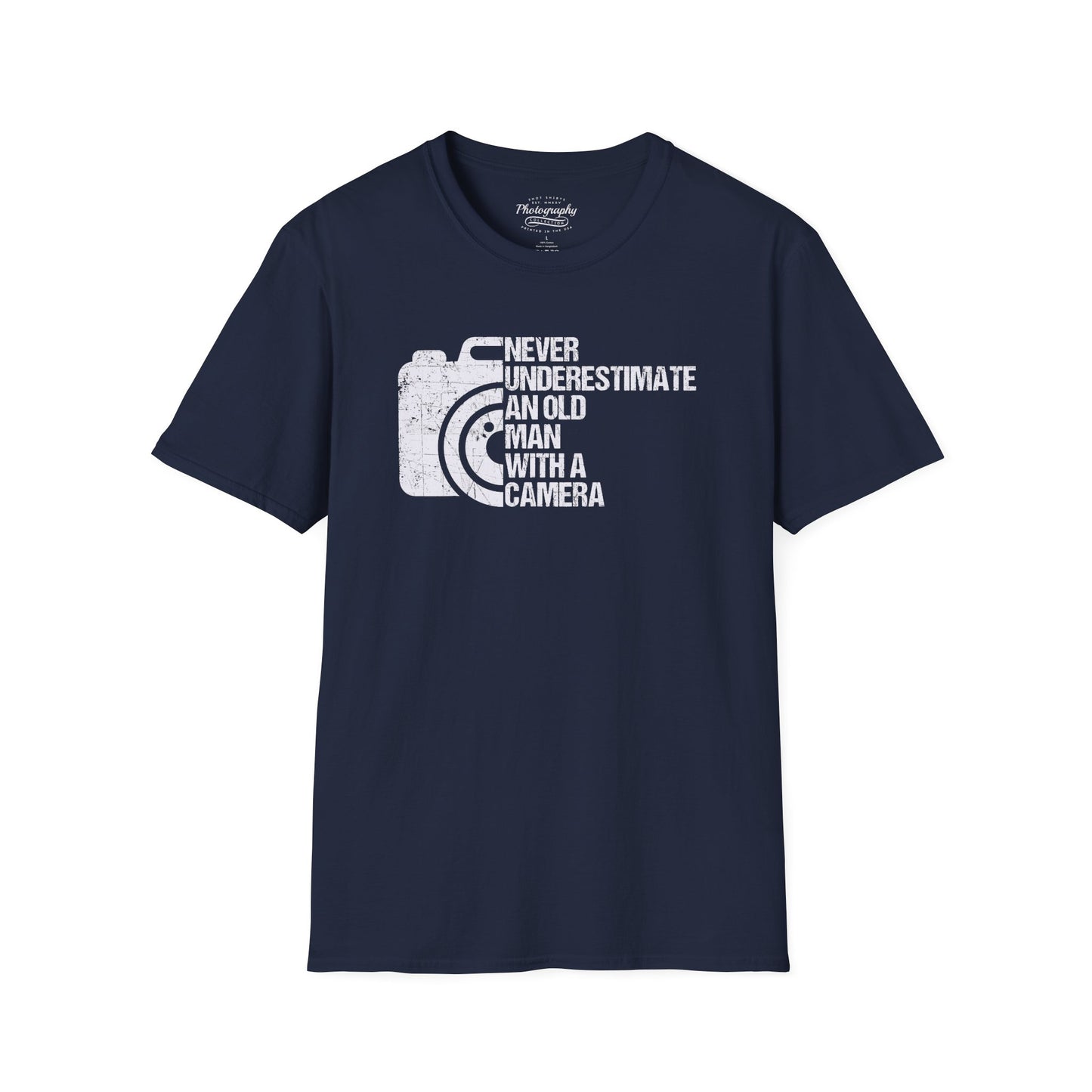 Navy blue t-shirt with white graphic and text on a white background
