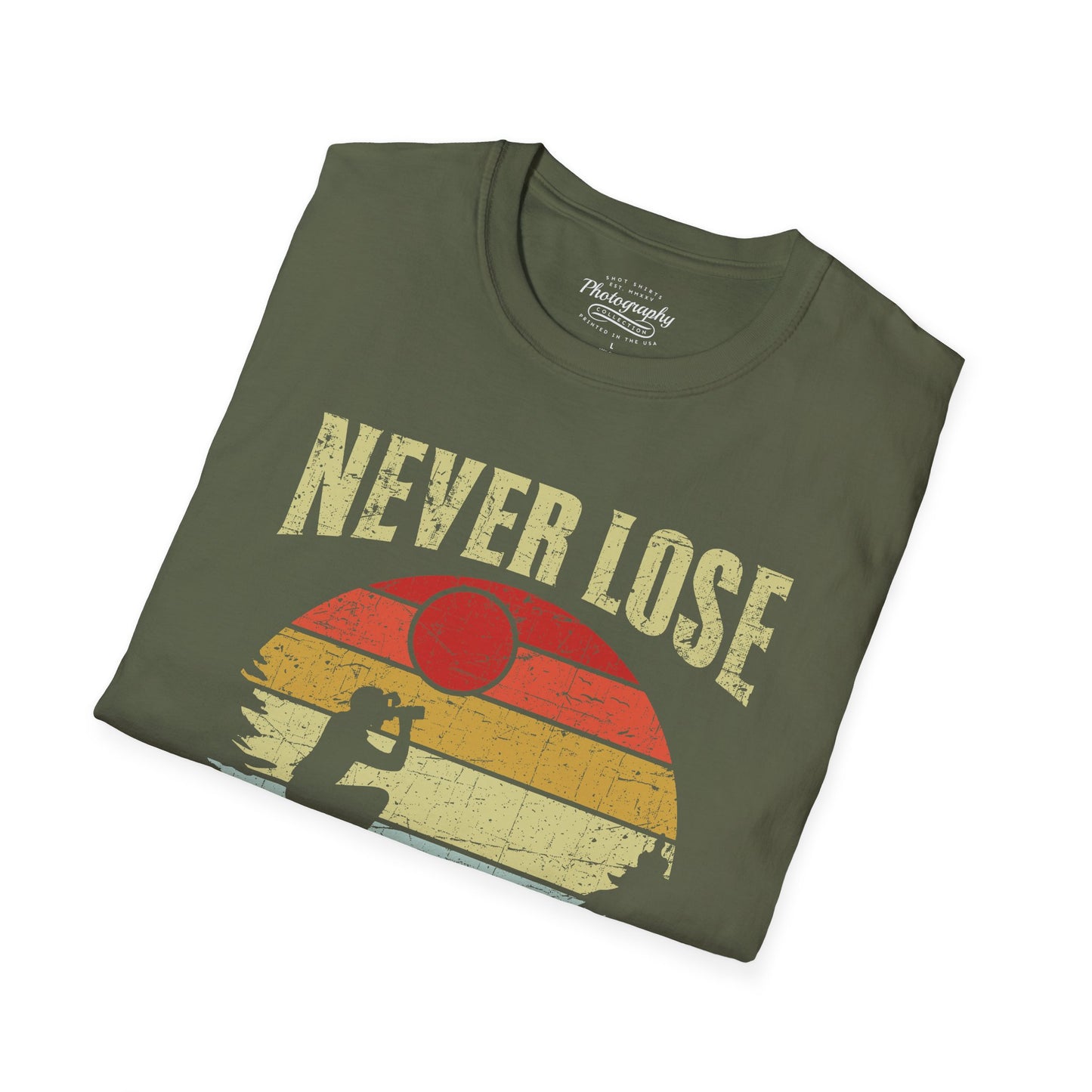 0092. Never Lose Focus Retro Sunset Photographer Silhouette Unisex T-Shirt