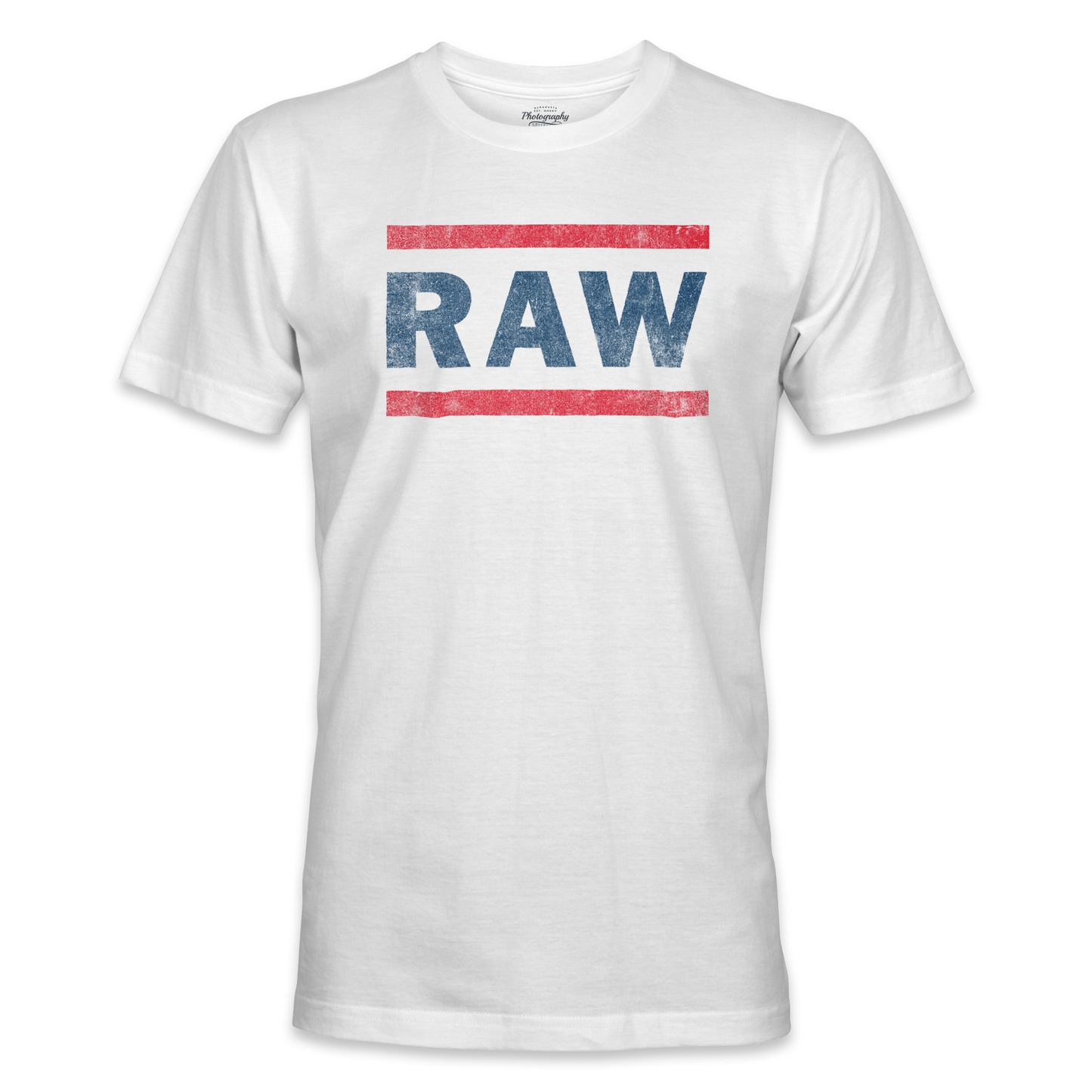 White t-shirt with 'RAW' printed on a white background