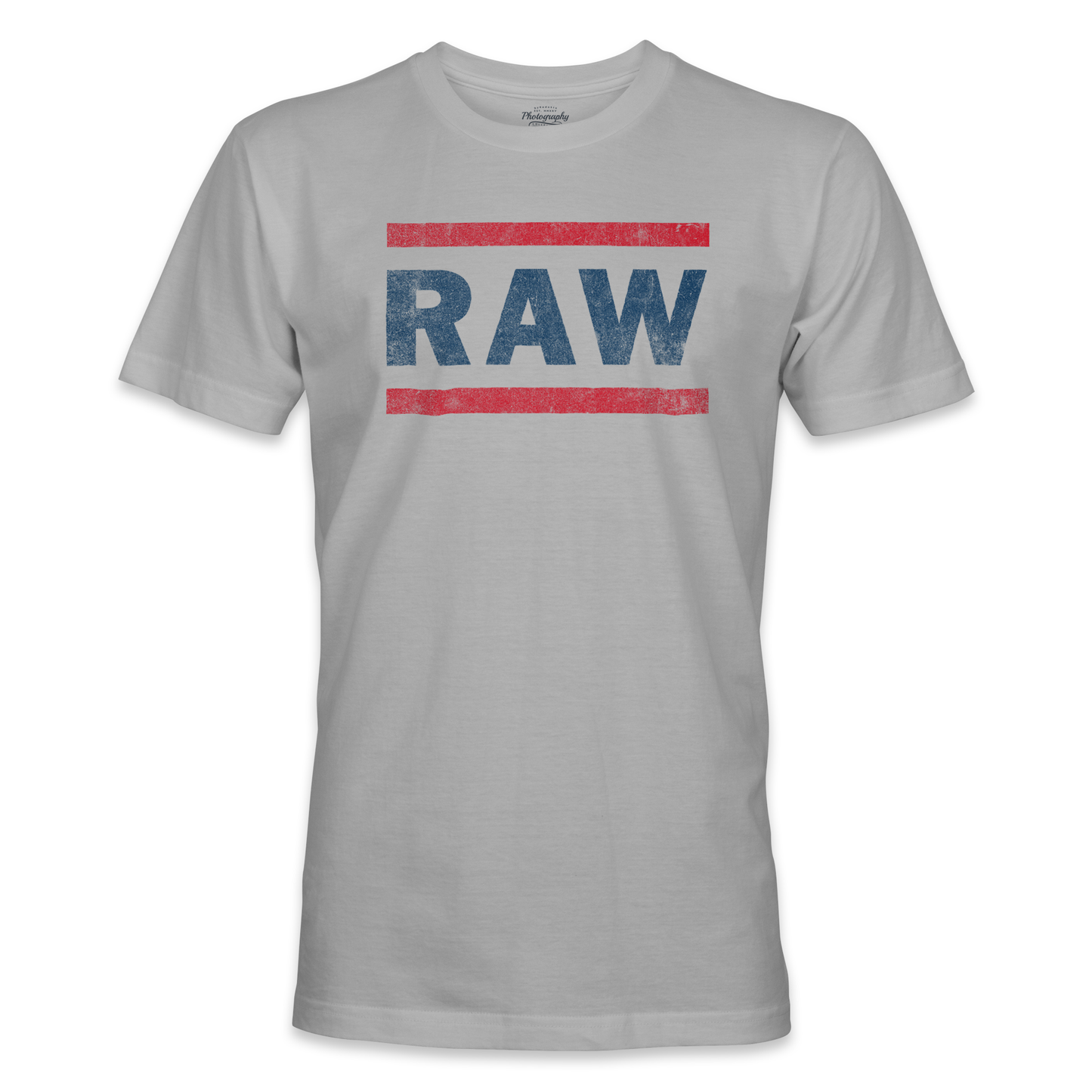 Sport Gray t-shirt with 'RAW' printed in blue and red on a white background