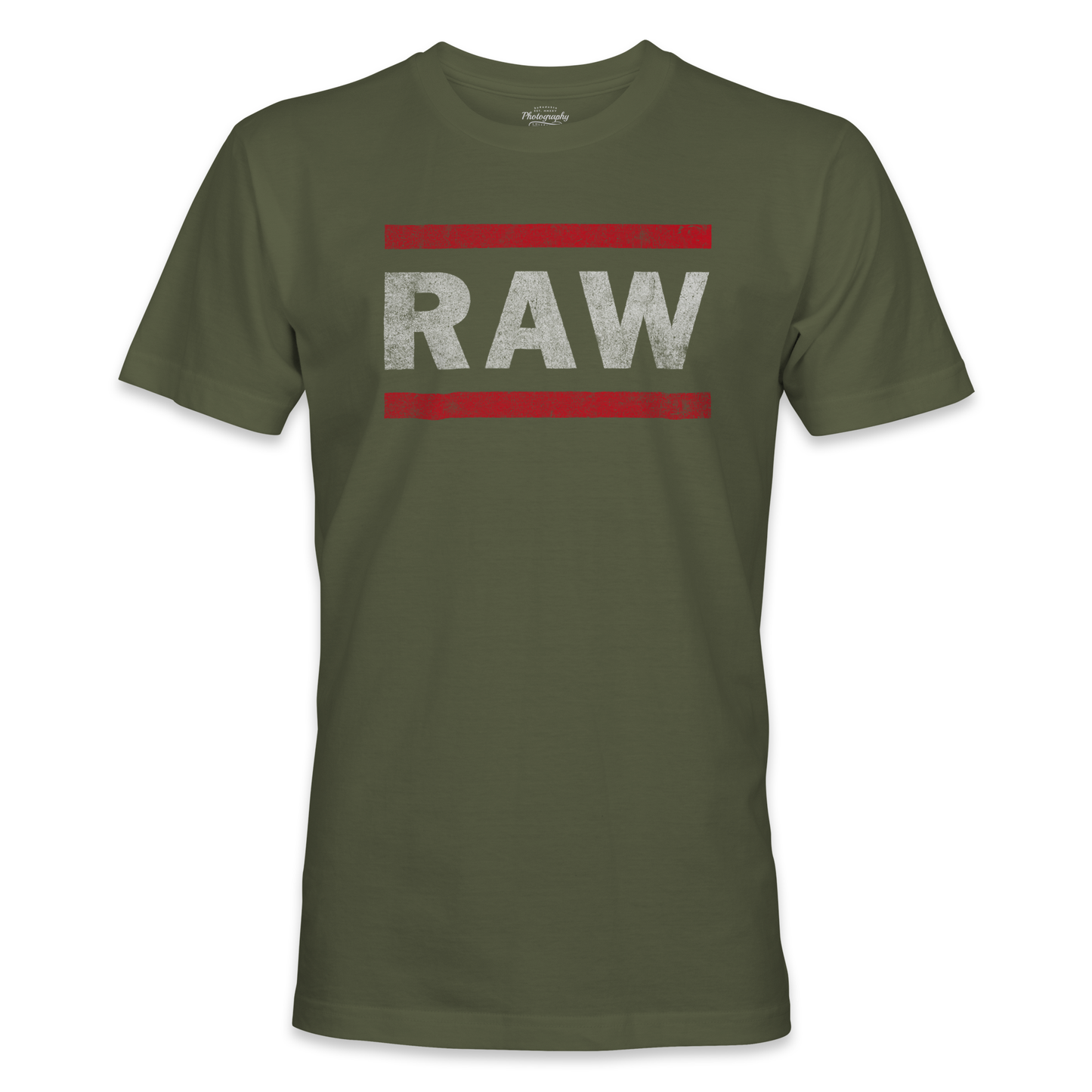 Military Green t-shirt with 'RAW' printed on it against a white background