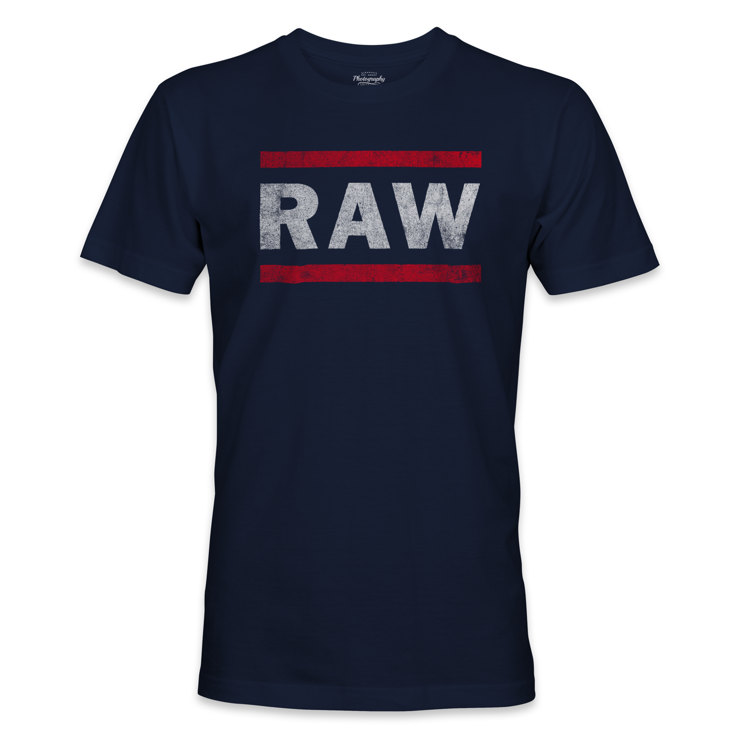 Navy blue t-shirt with 'RAW' printed in white and red on a white background