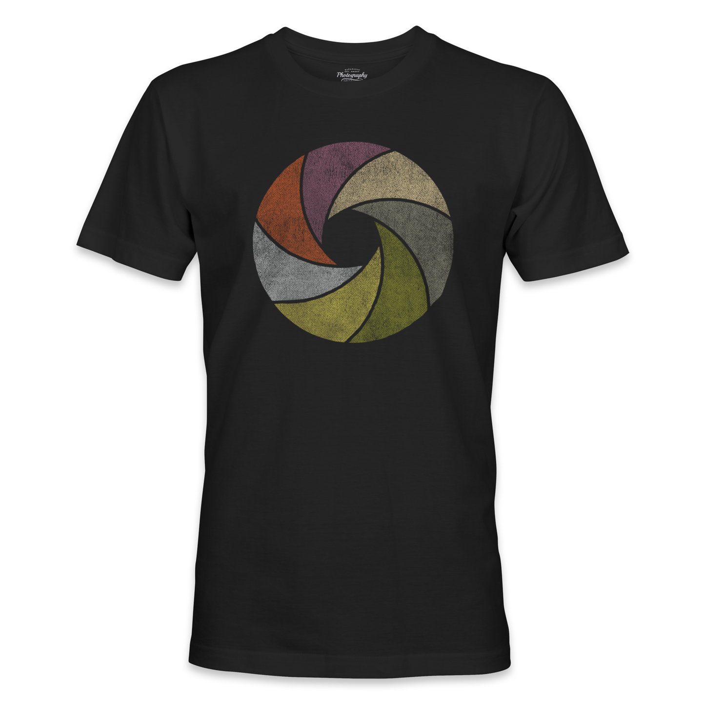 Black t-shirt with a colorful camera lens design on a white background