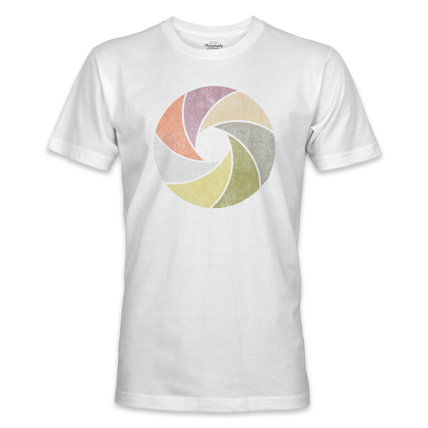 White t-shirt with a colorful camera lens design on a white background