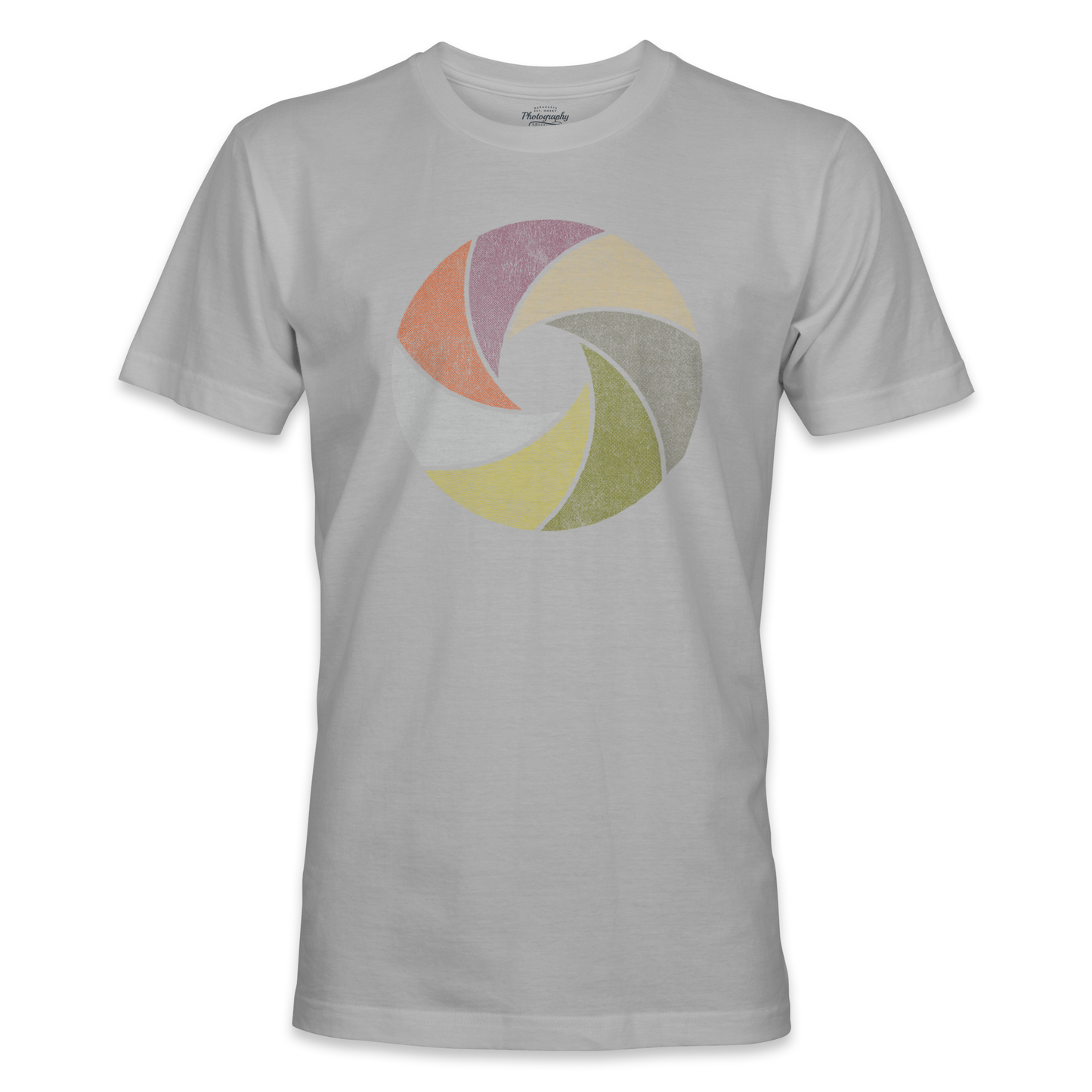 Sport Gray t-shirt with a colorful camera lens design on a white background