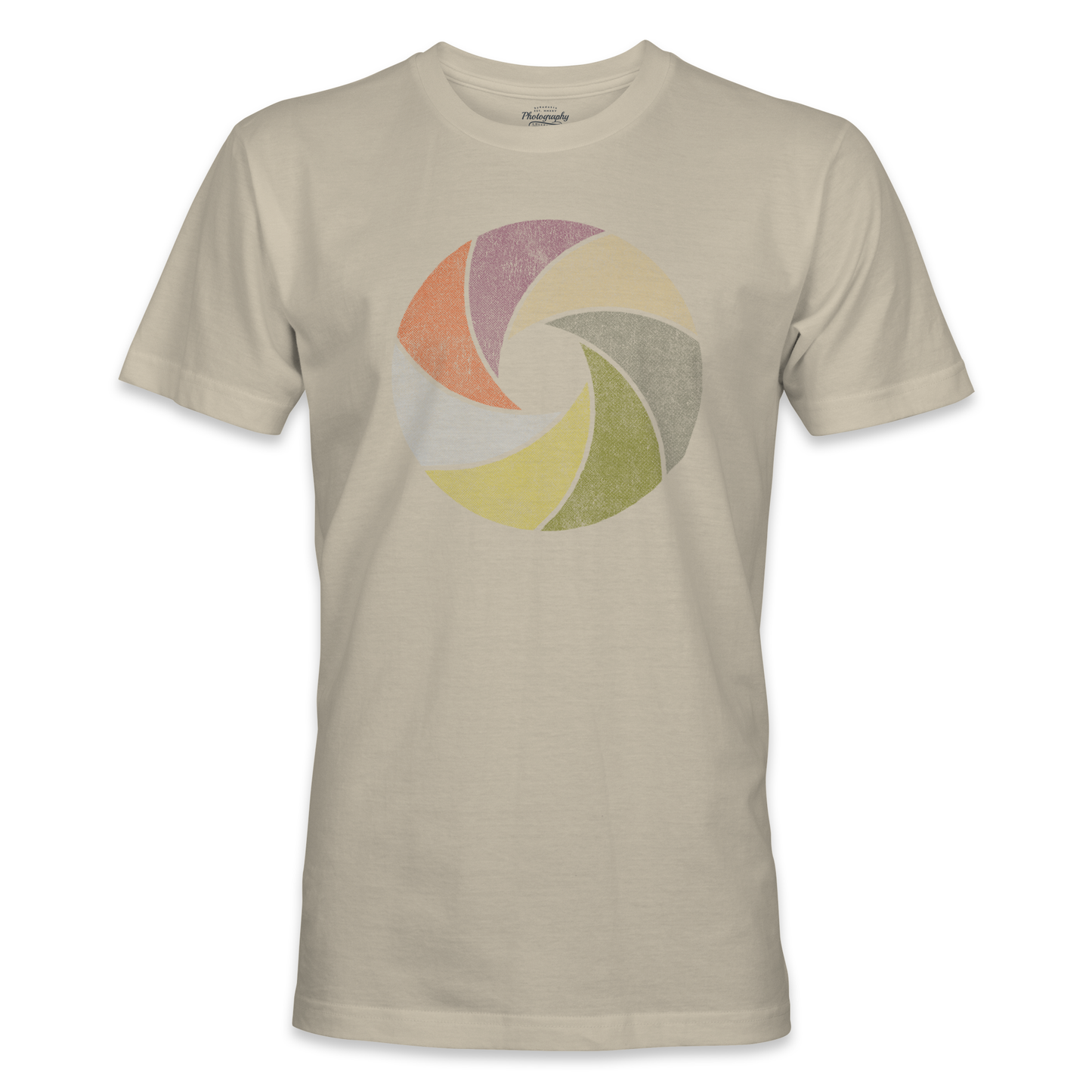 Sand t-shirt with a colorful circular design on a white background