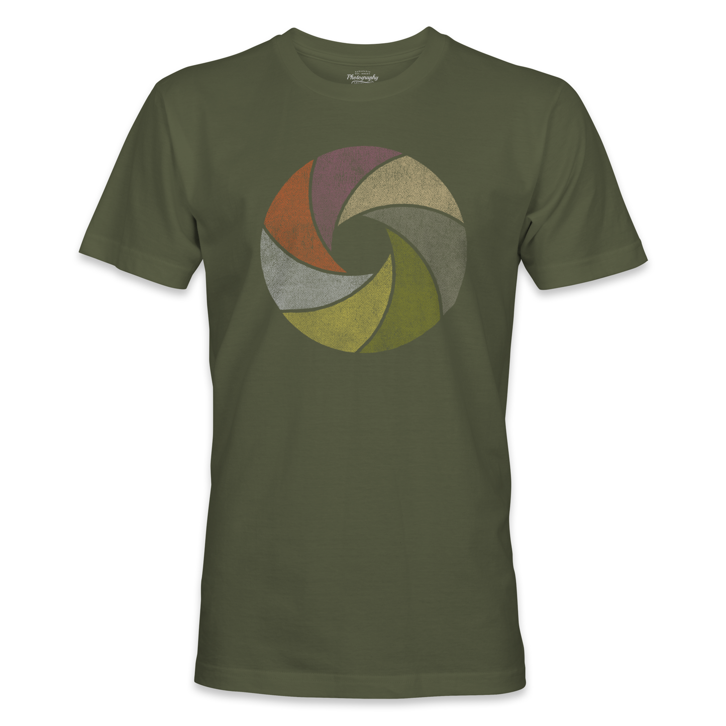 Military Green t-shirt with a colorful circular design on a white background