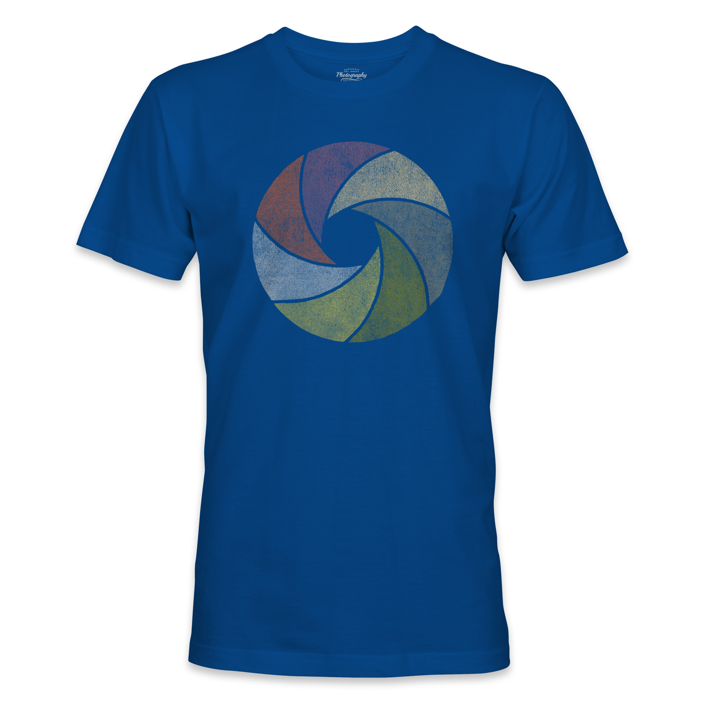 Royal blue t-shirt with a colorful circular design on a white background
