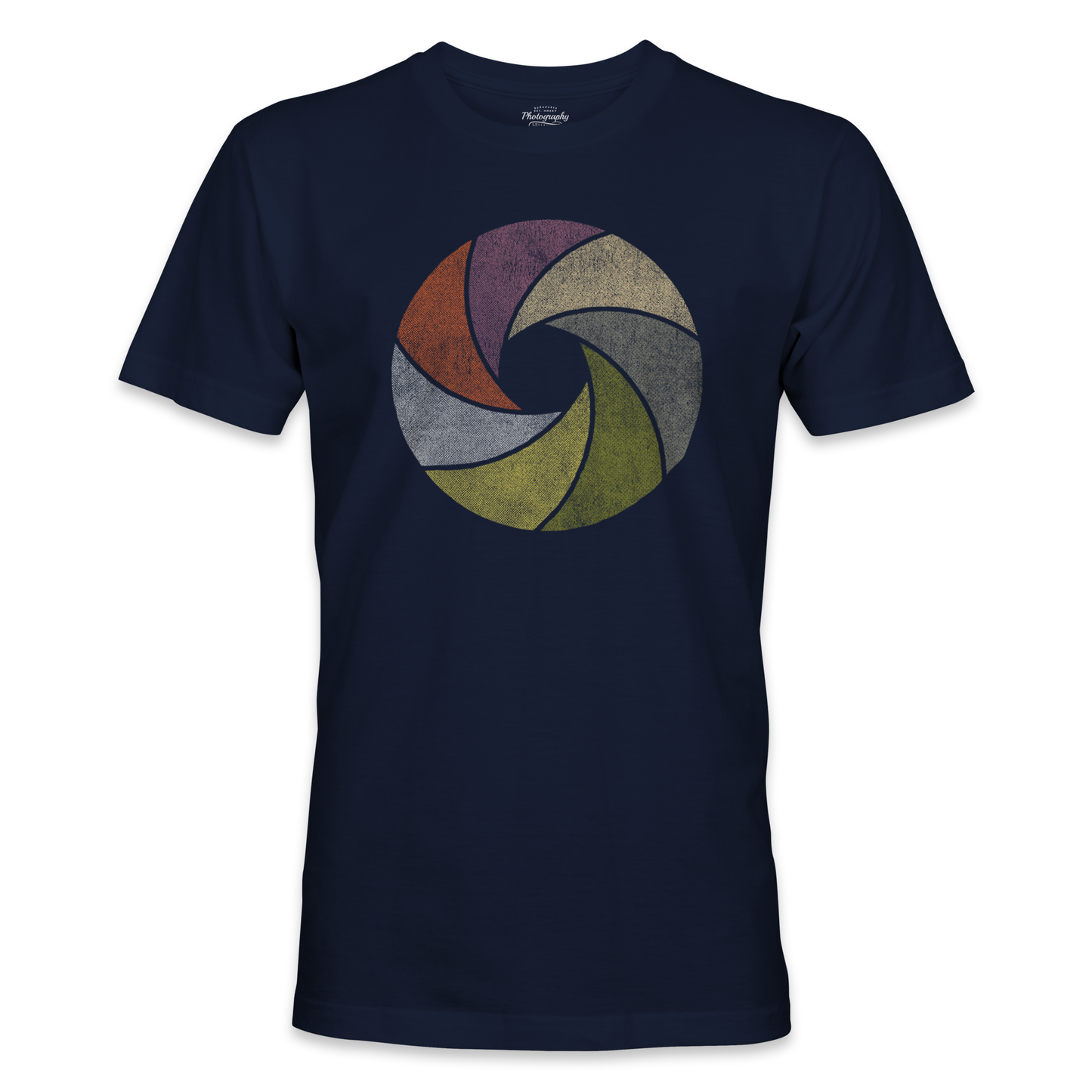 Navy blue t-shirt with a colorful camera lens graphic on a white background