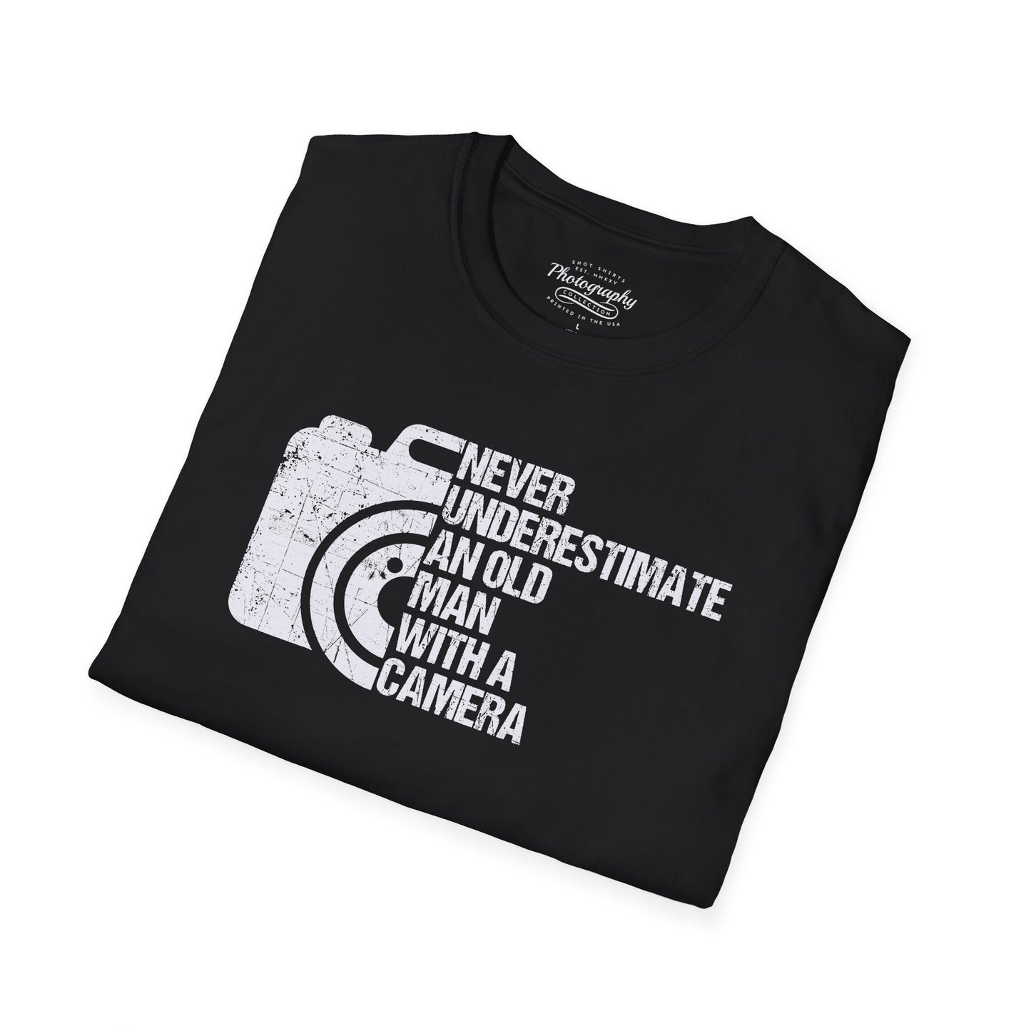 Black t-shirt with white graphic and text on a white background