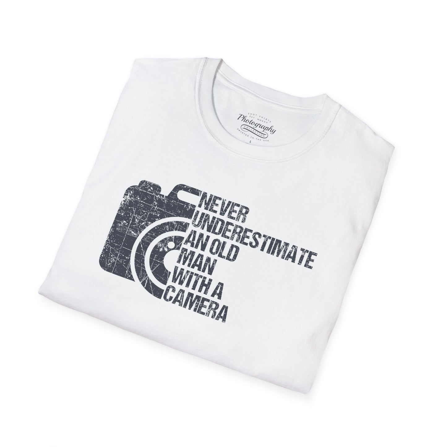 White t-shirt with black graphic and text on a white background