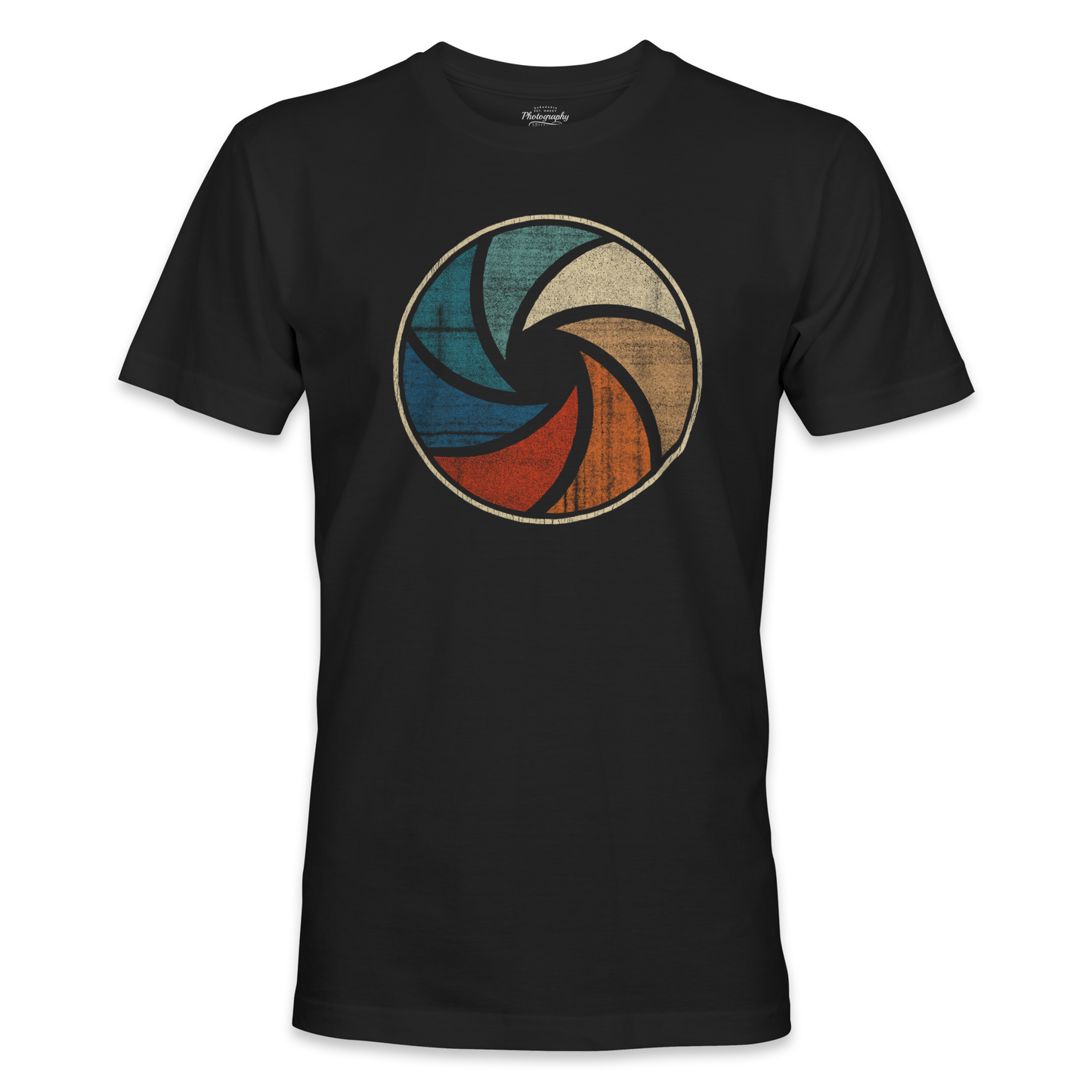Black t-shirt with a colorful circular design on a white background