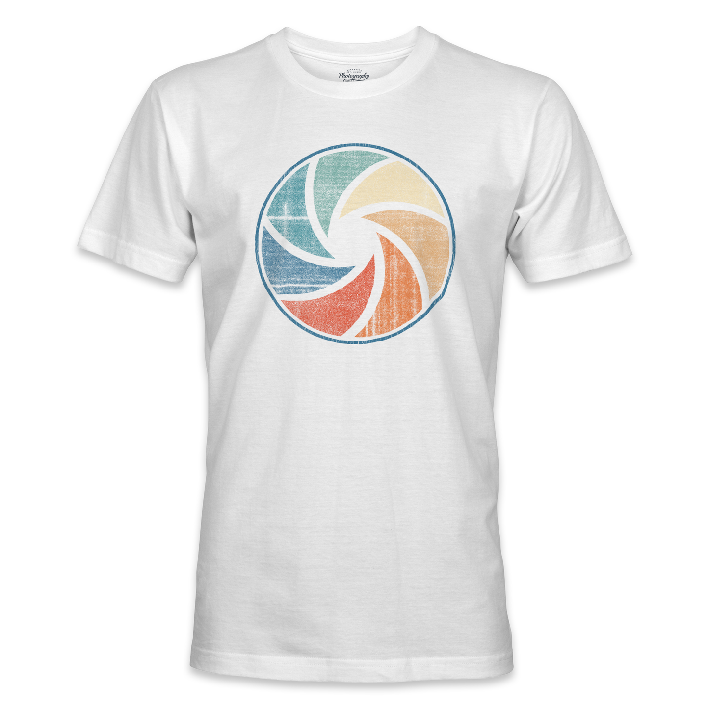 White t-shirt with a colorful circular design on a white background