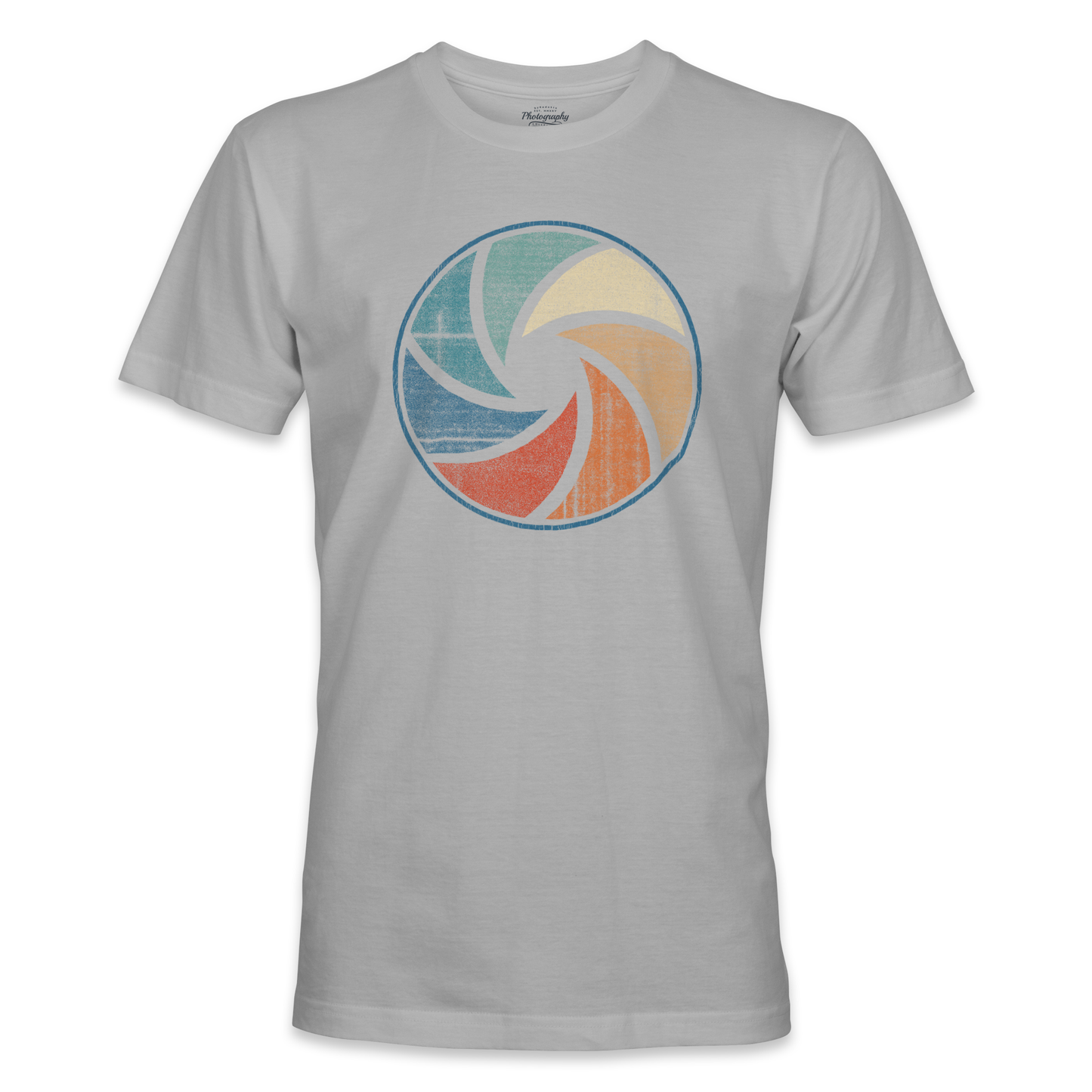 Sport Gray t-shirt with a colorful circular design on a white background