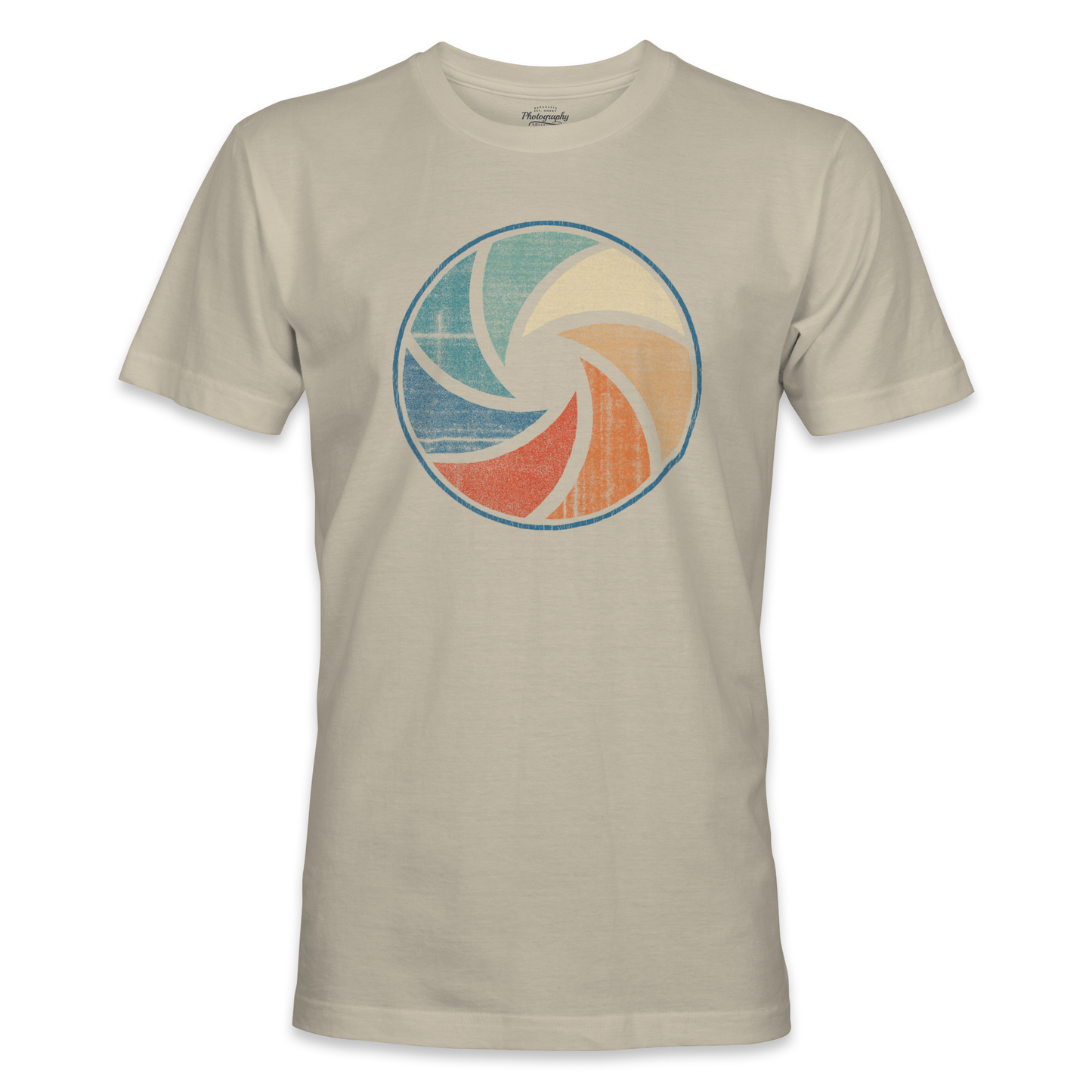 Sand t-shirt with a colorful circular design on a white background