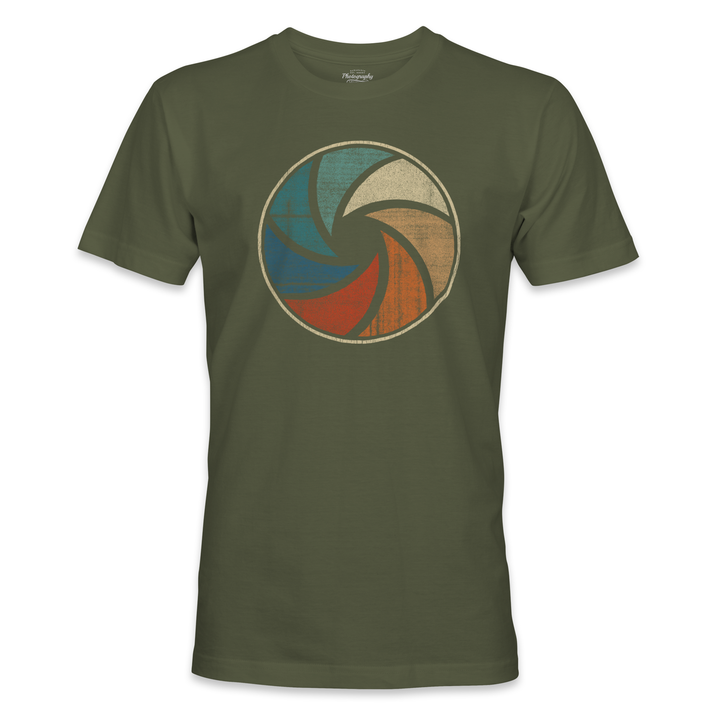Military Green t-shirt with a colorful circular design on a white background