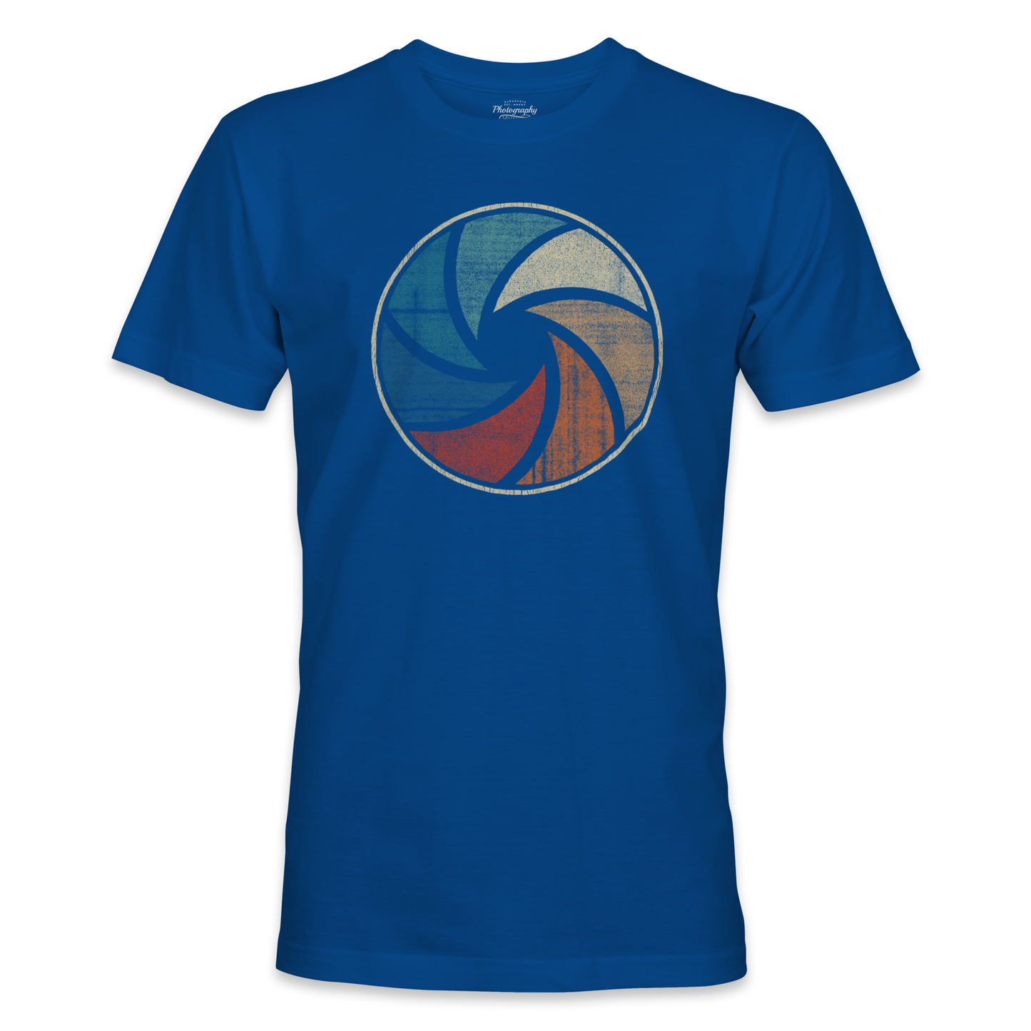 Royal blue t-shirt with a colorful circular design on a white background