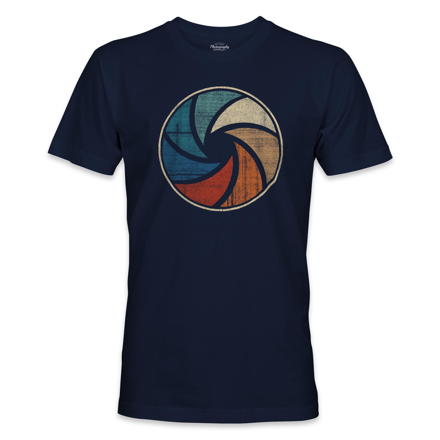 Navy blue t-shirt with a colorful circular design on a white background