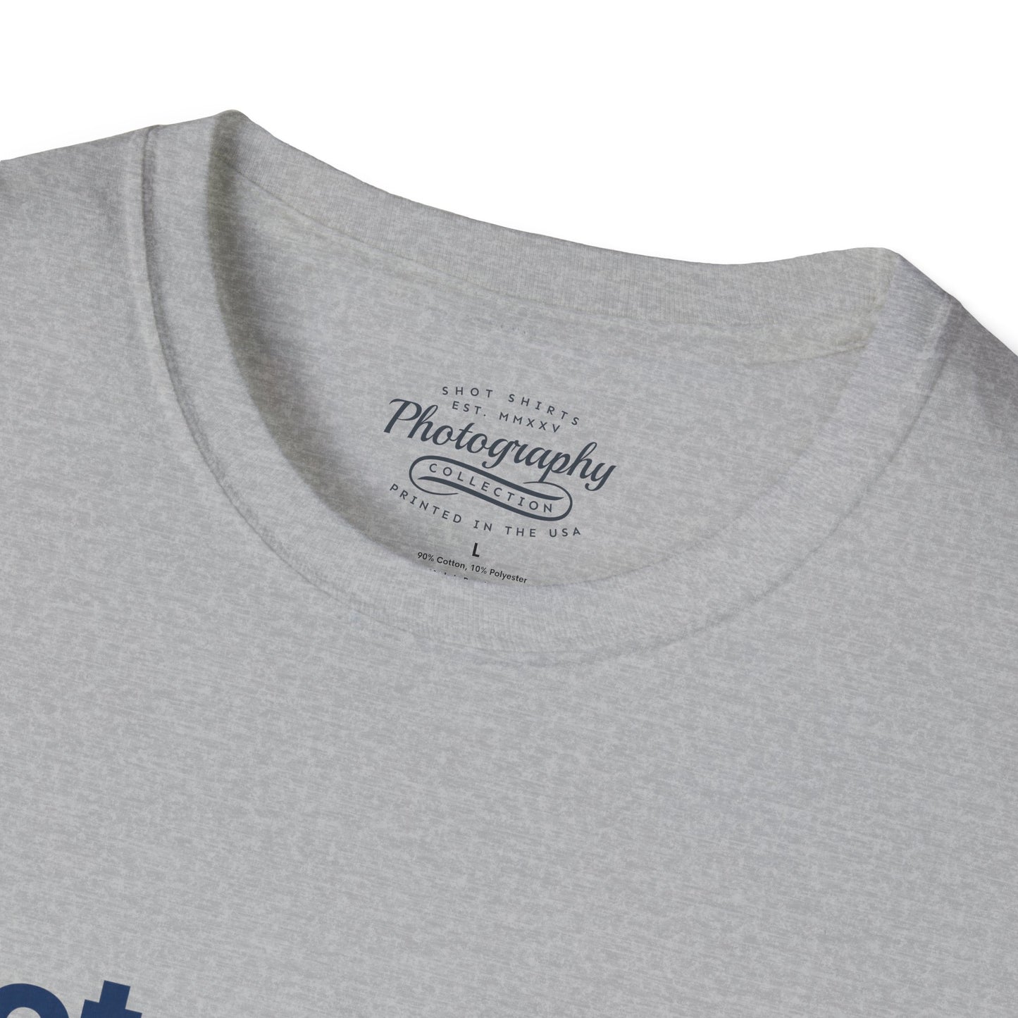 Gray t-shirt with 'Photography Collection' label on a white background