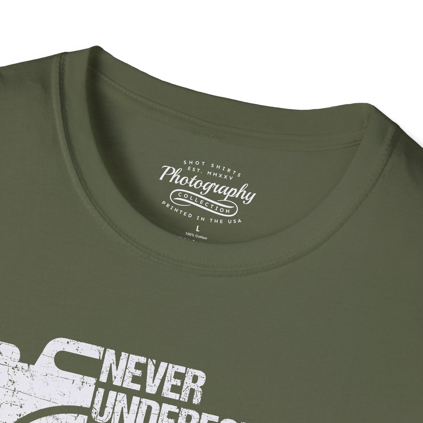 Green t-shirt with white text and branding on a white background