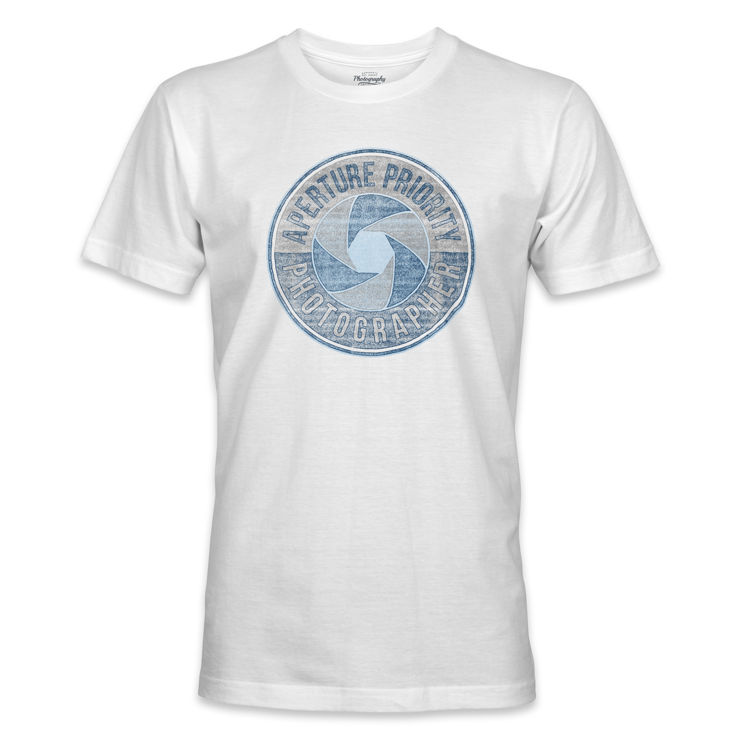 White t-shirt with a blue camera lens graphic and text on a white background