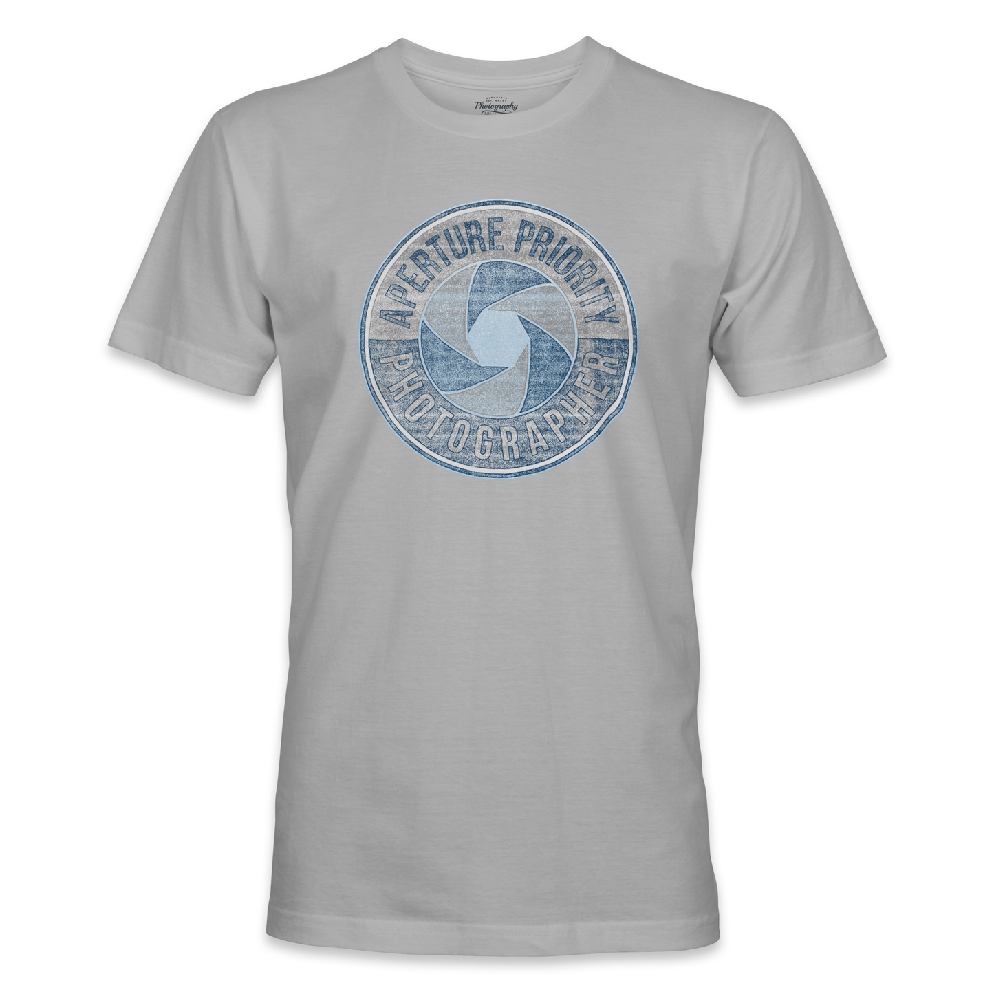 Sport Gray t-shirt with a blue camera lens graphic on a white background