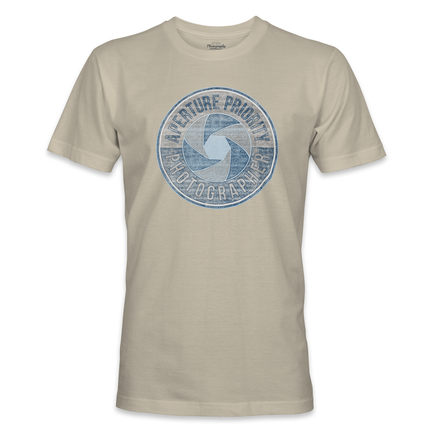 Sand t-shirt with a blue camera lens graphic on a white background