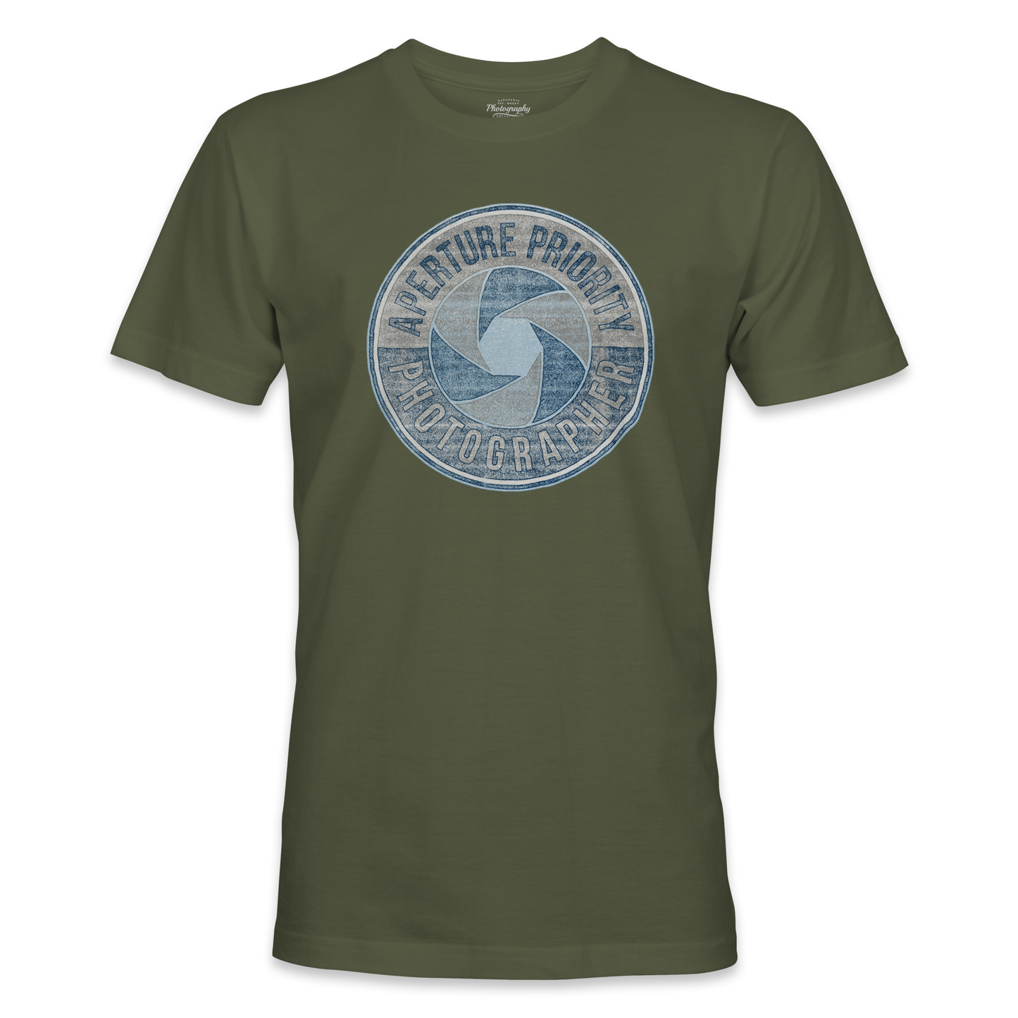 Military Green t-shirt with a blue camera lens graphic on a white background