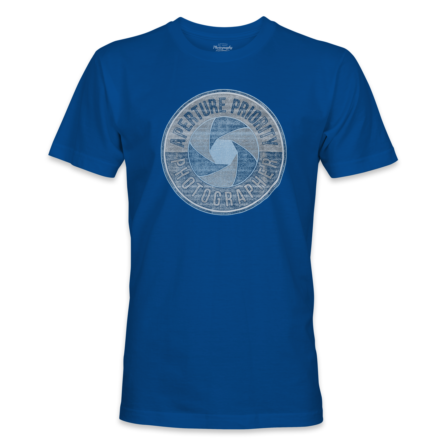 Royal blue t-shirt with a circular graphic design on a white background