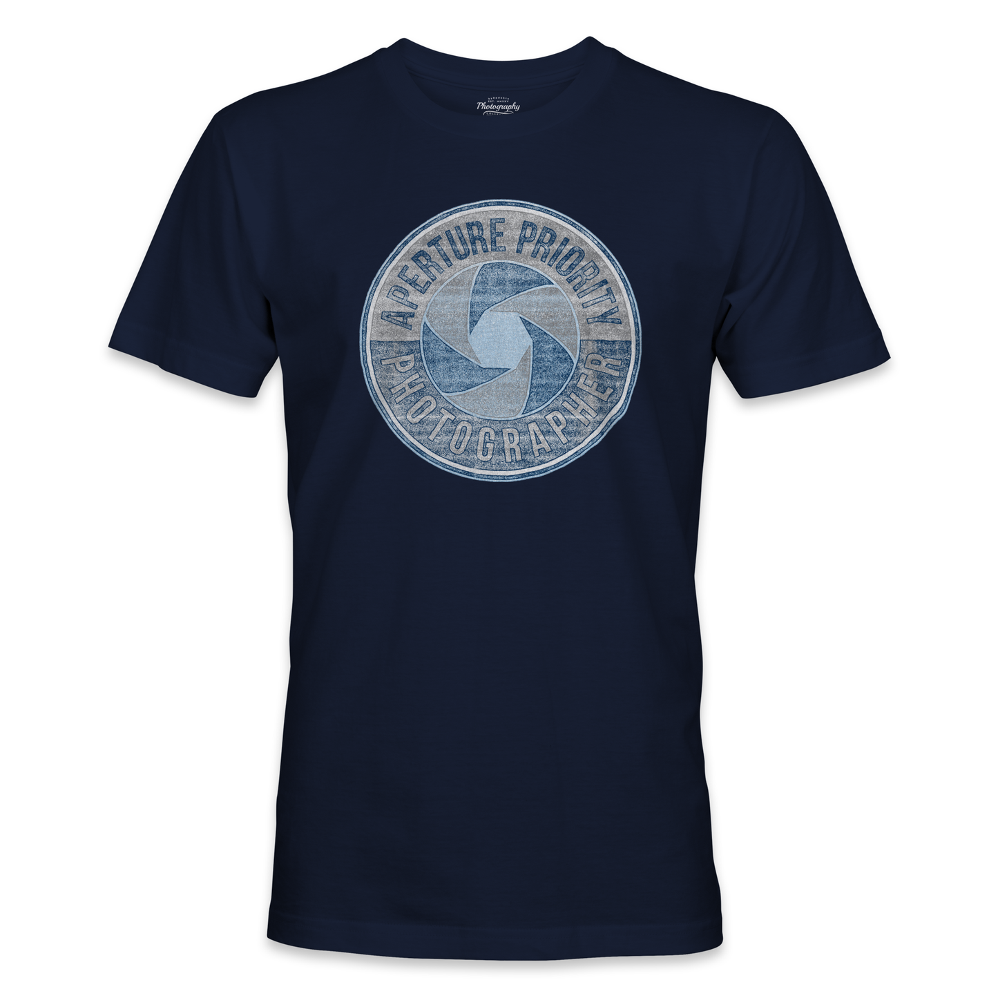 Navy blue t-shirt with a circular graphic design on a white background
