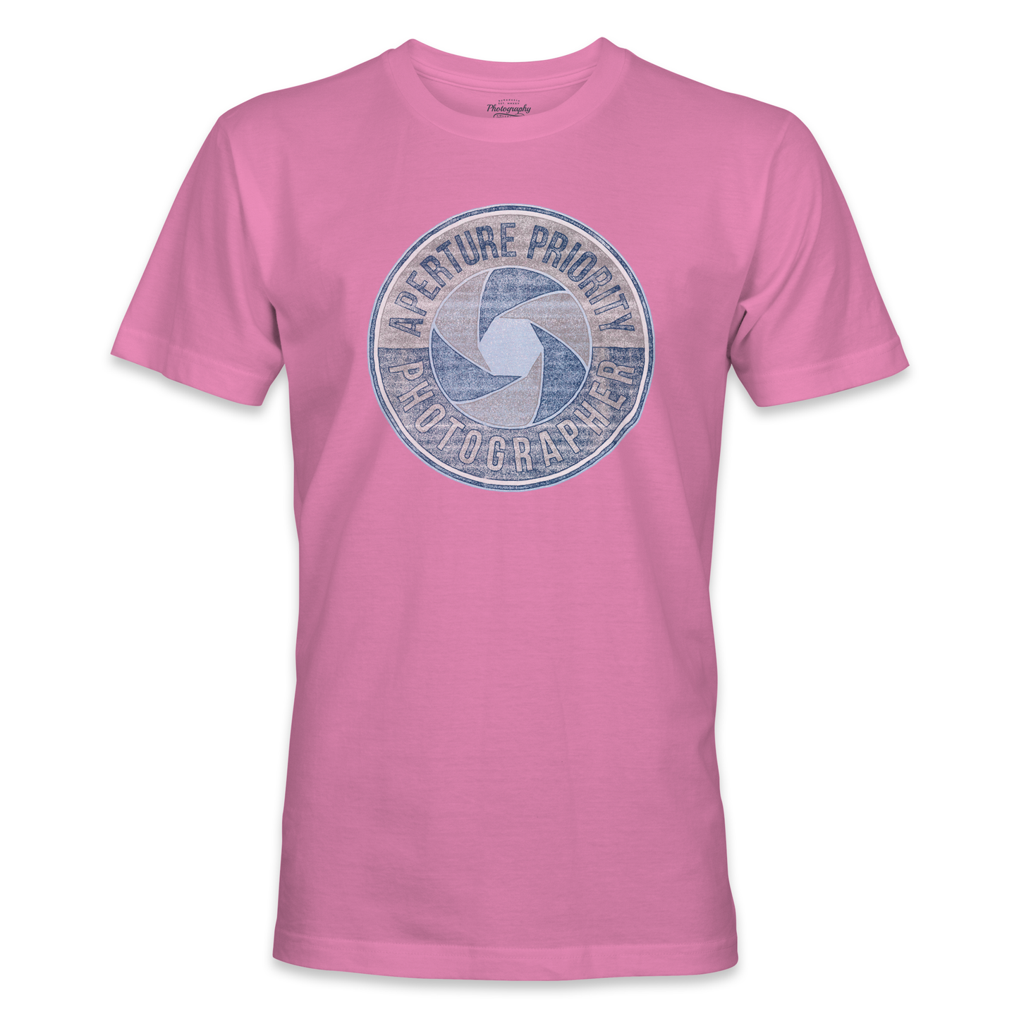 Azalea t-shirt with a blue camera lens graphic on a white background