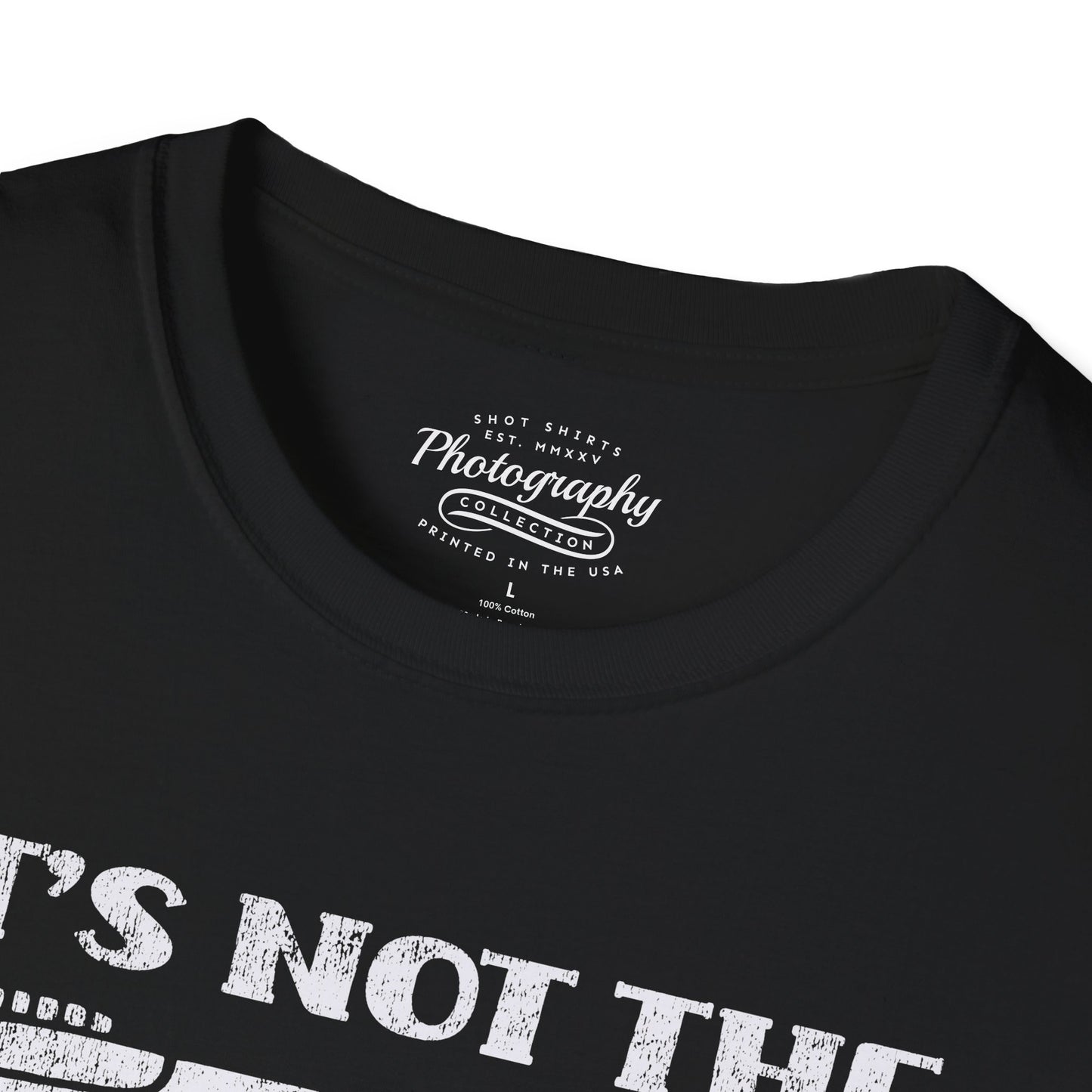 Black t-shirt with white text and a logo on a white background