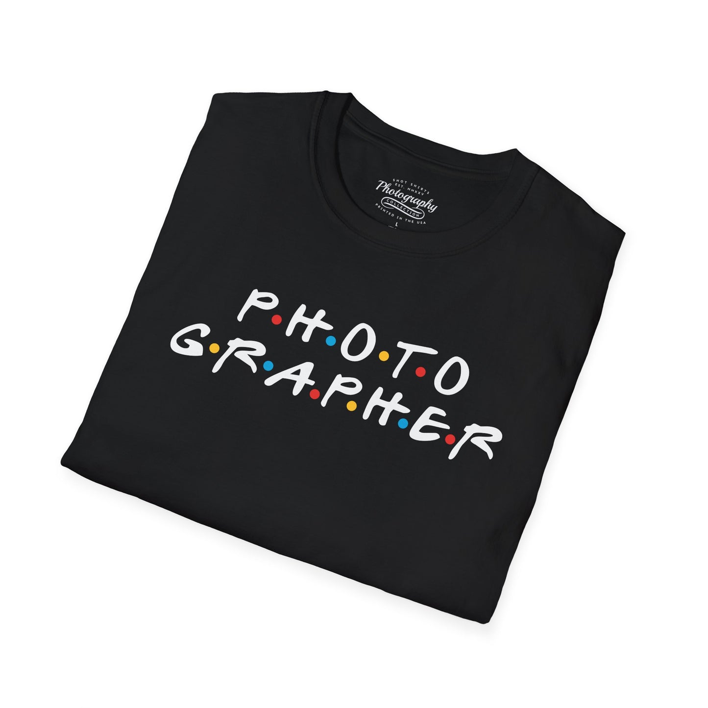 Black t-shirt with 'PHOTOGRAPHER' text on a white background