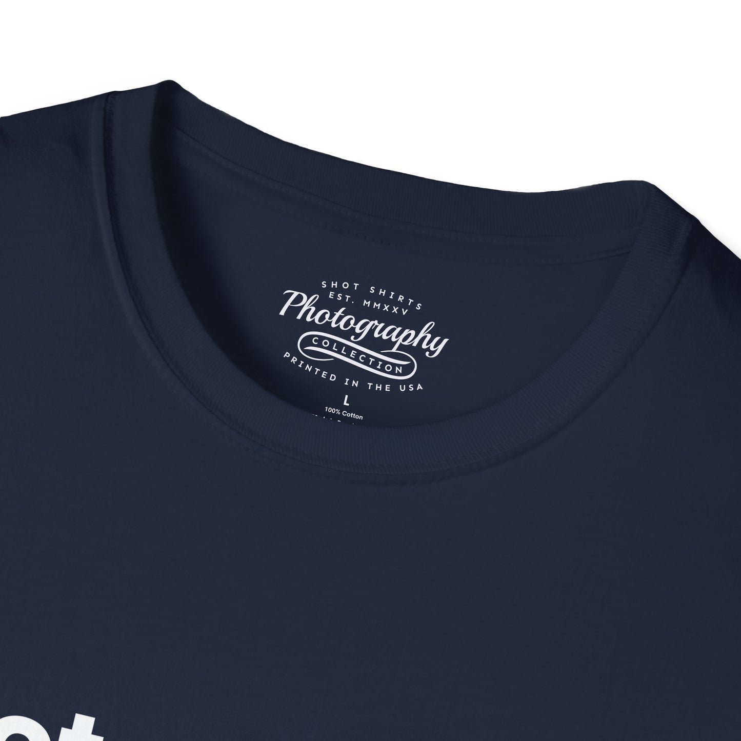 Navy blue t-shirt with a white label on the collar