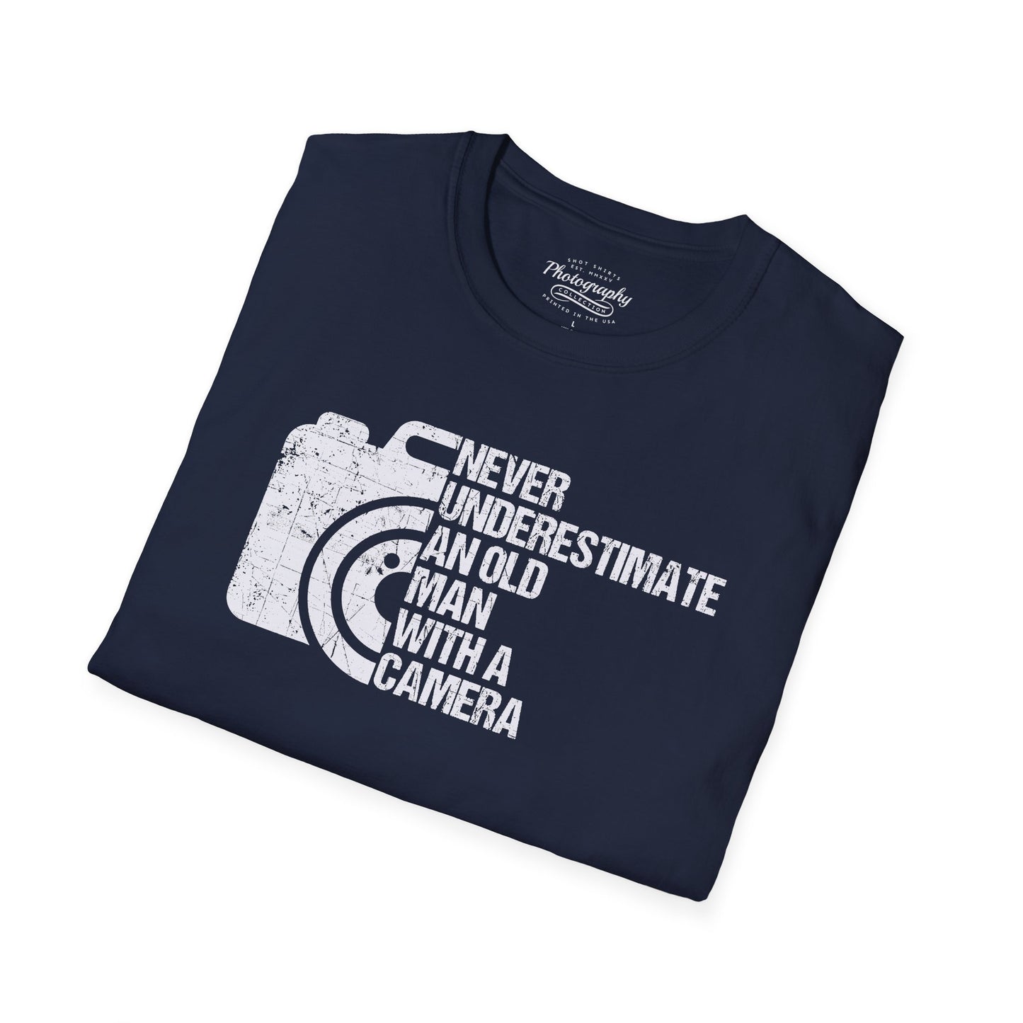 Navy blue t-shirt with white graphic and text on a white background