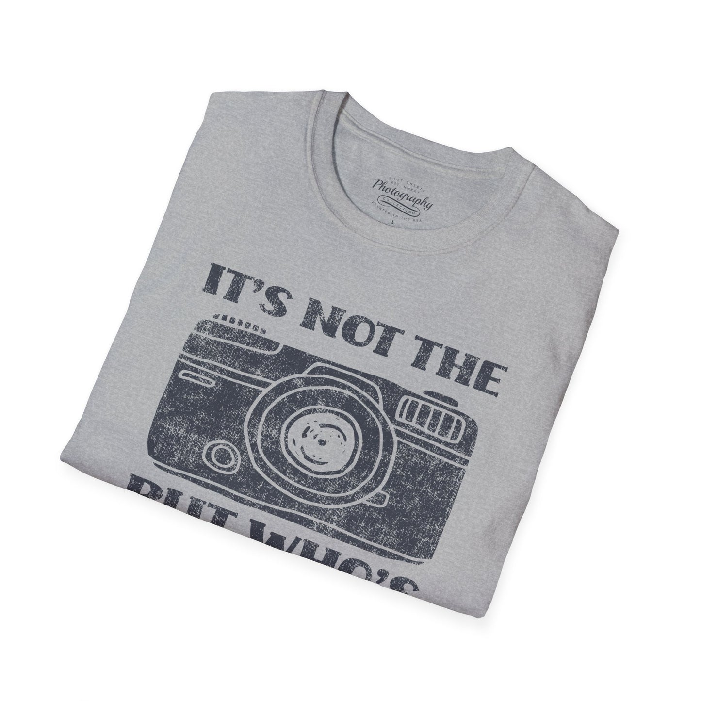 Folded gray t-shirt with camera graphic and text on a white background