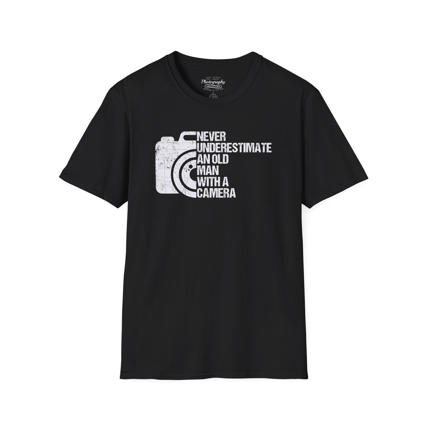Black t-shirt with white graphic and text on a white background