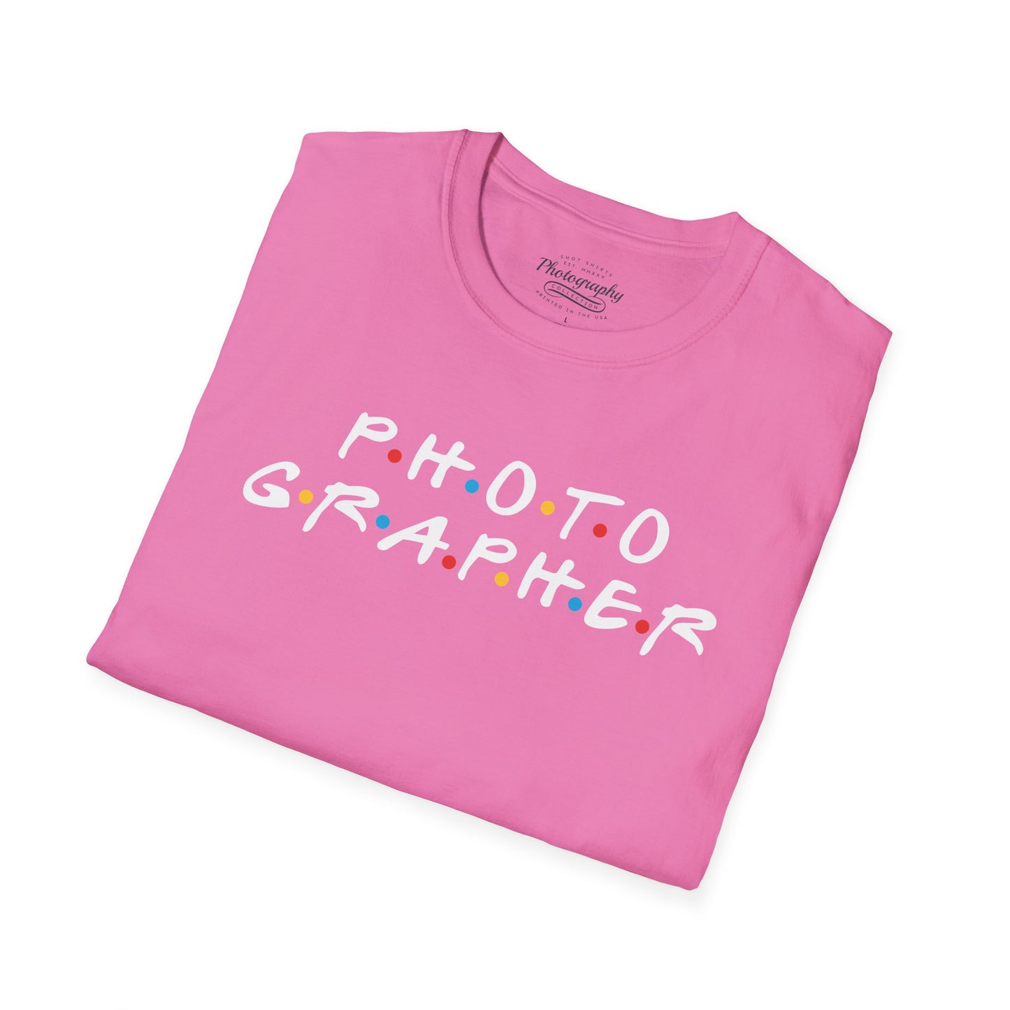 Pink t-shirt with 'PHOTOGRAPHER' text on a white background
