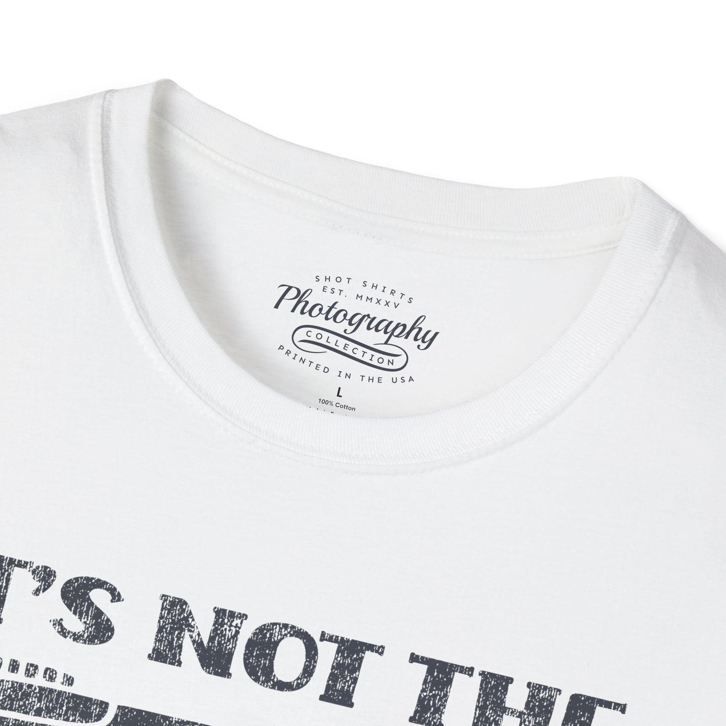 White t-shirt with black text and branding on a white background