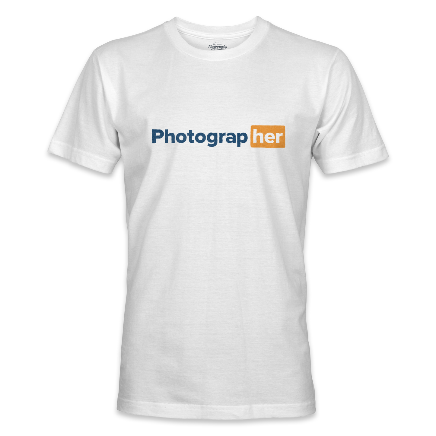White t-shirt with 'Photograph her' logo on a white background