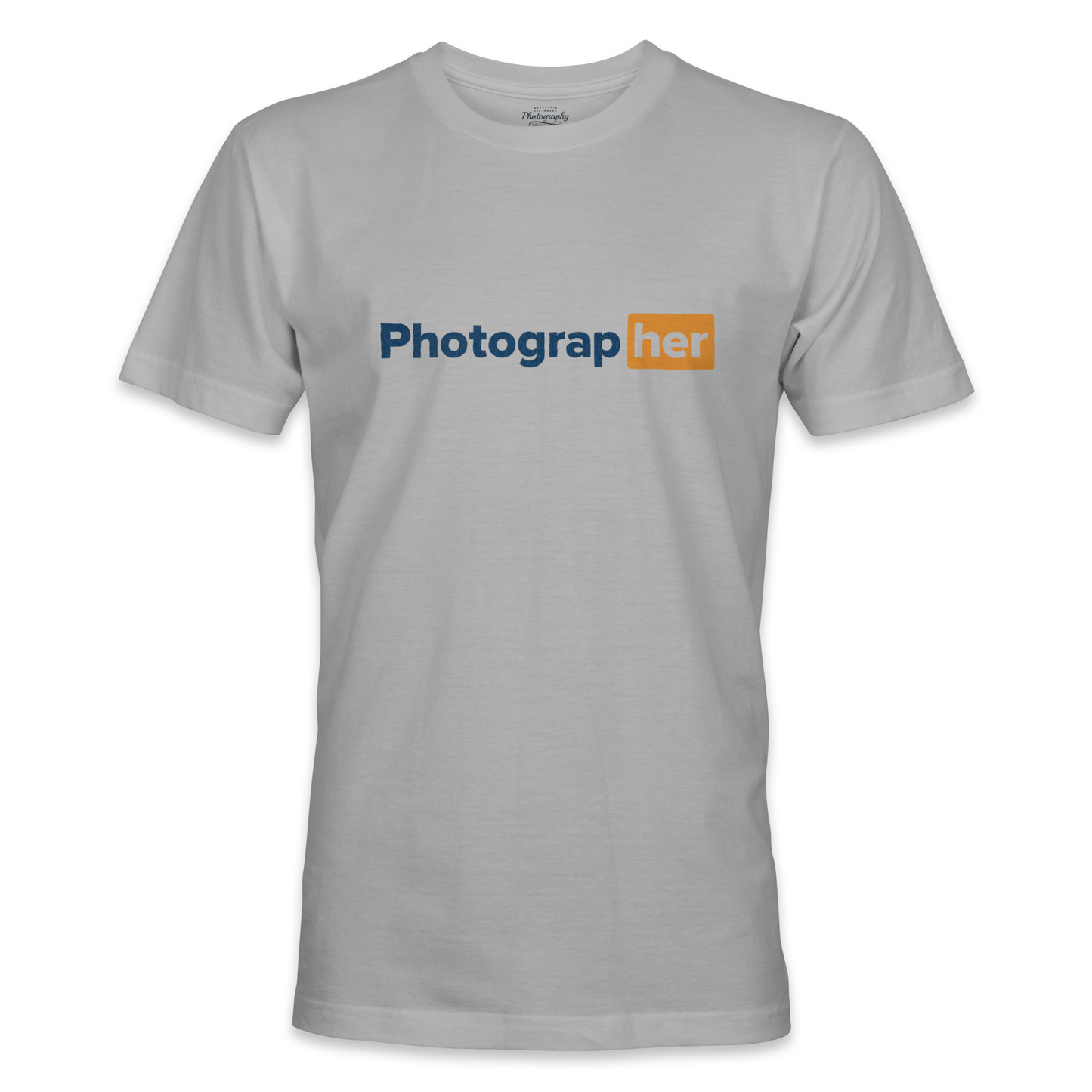 Gray t-shirt with 'Photograph her' text on a white background