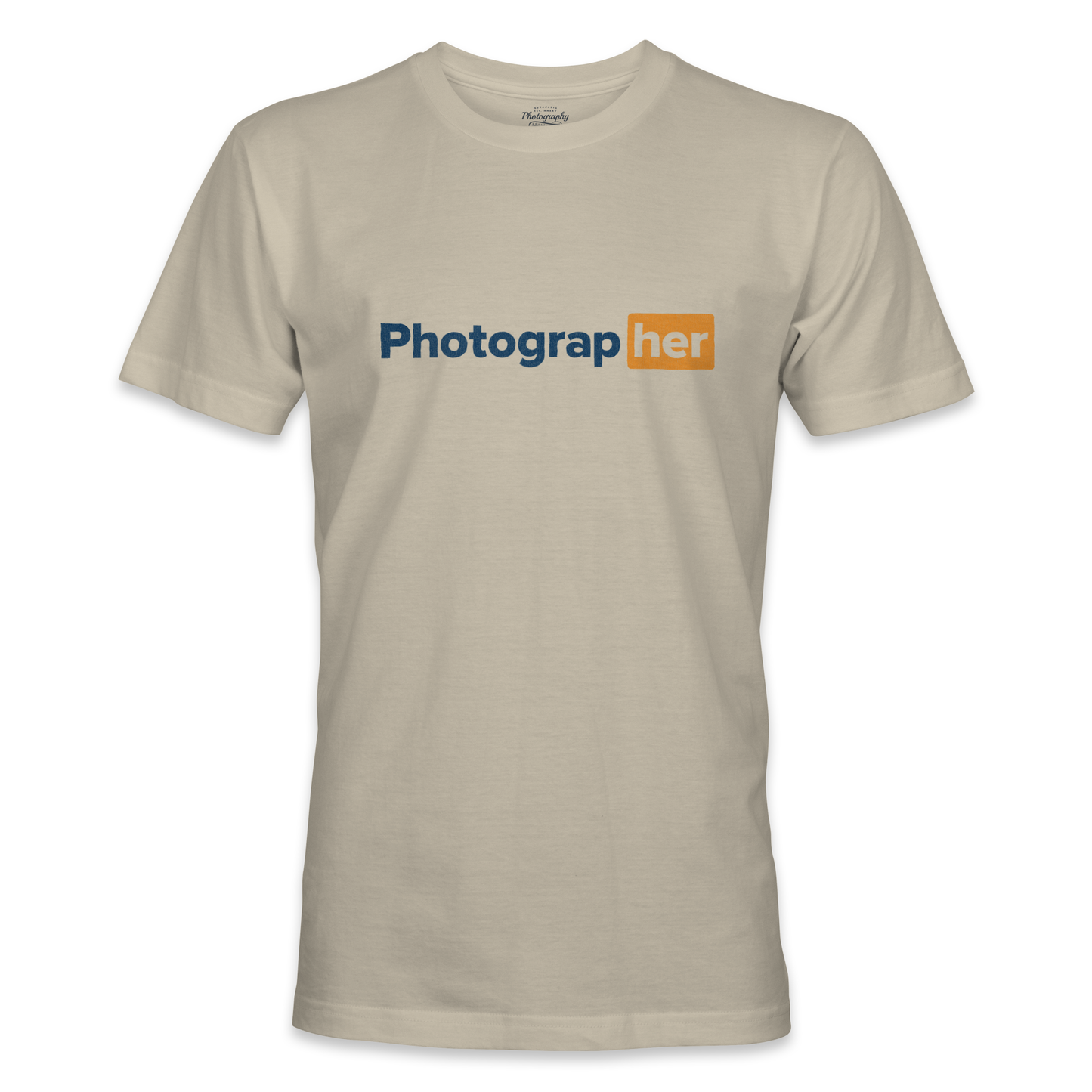 Sand t-shirt with 'Photograph her' text on a white background
