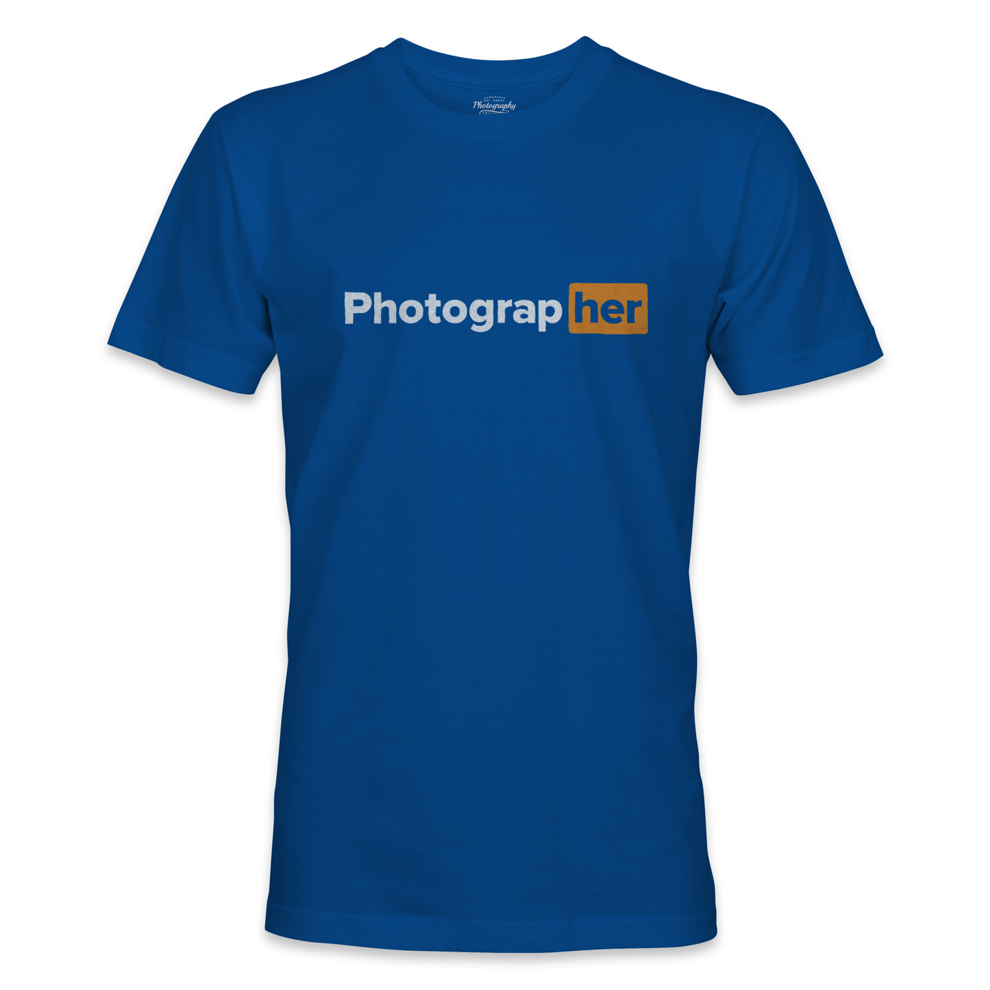 Royal Blue t-shirt with 'Photograph her' text on a white background