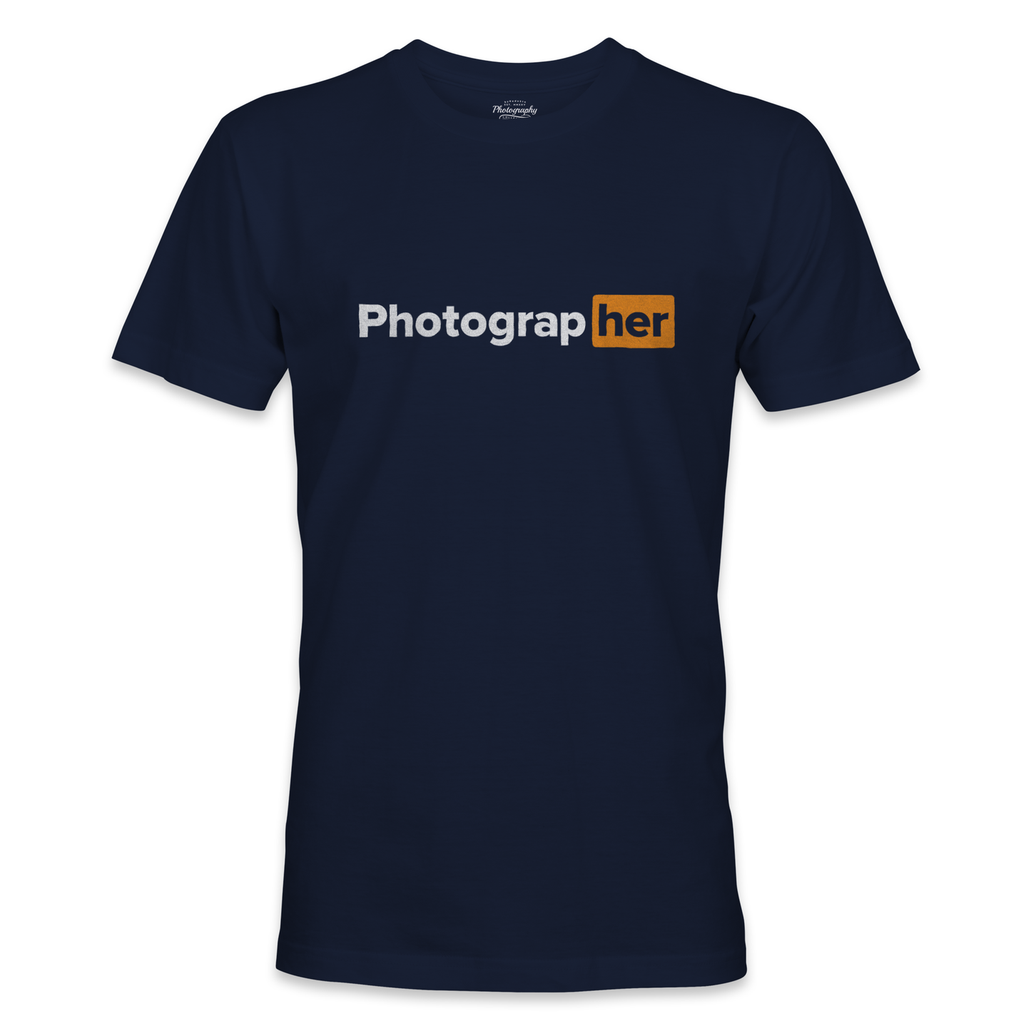 Navy blue t-shirt with 'Photographher' text on a white background