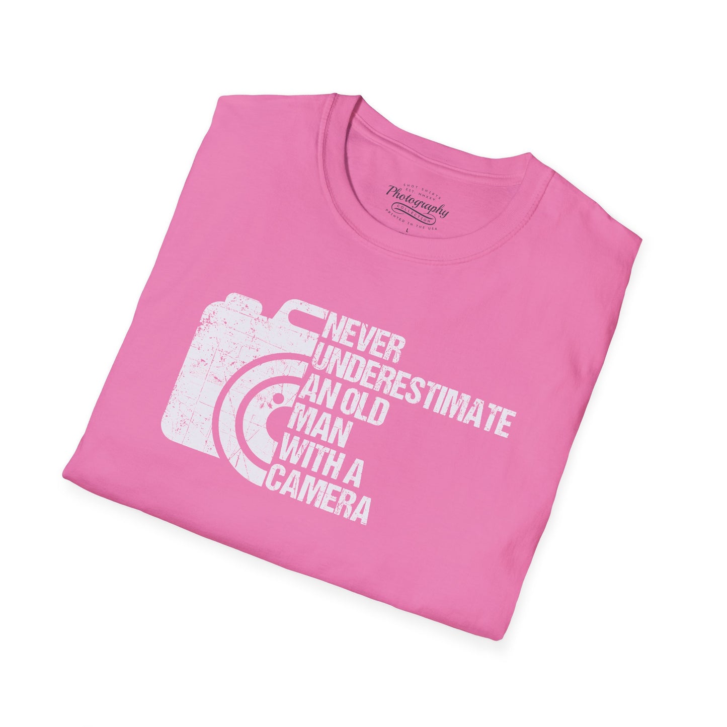 Pink t-shirt with white graphic and text on a white background