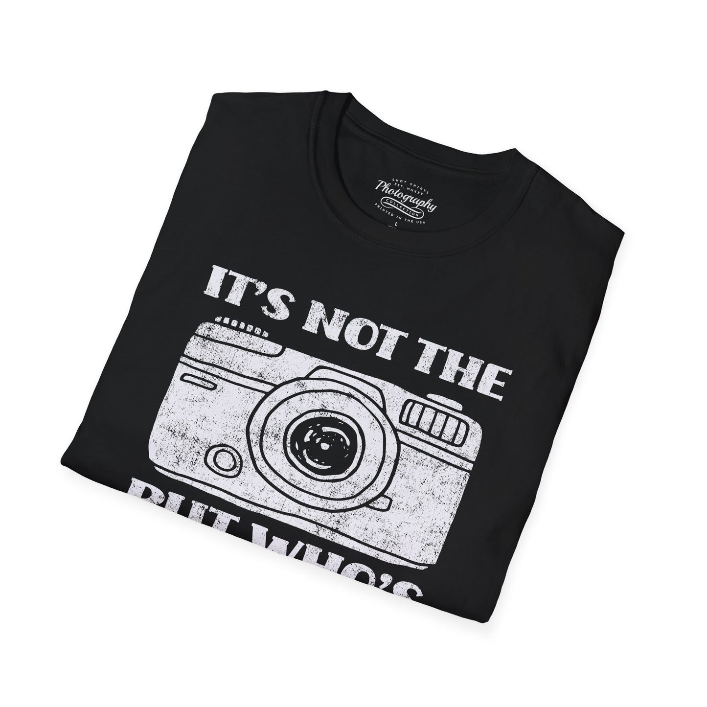 Black t-shirt with a white camera graphic and text on a white background